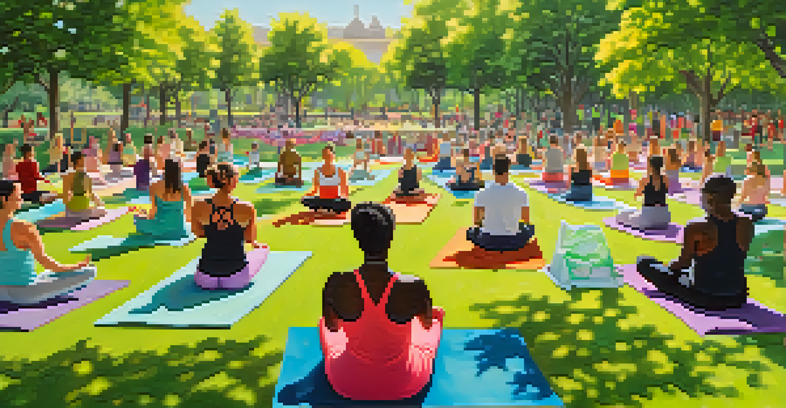 A diverse group of people practicing yoga in a sunny park, surrounded by trees and flowers.