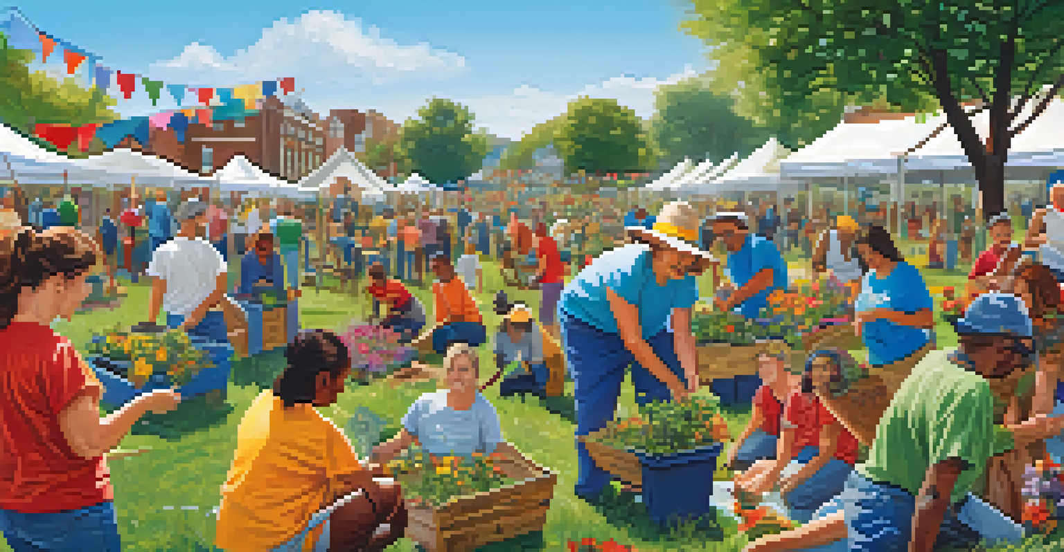 A vibrant outdoor scene of a diverse group of people volunteering in a community garden, smiling and planting flowers under a sunny sky.