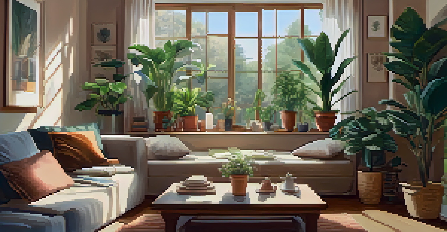 A person meditating in a cozy living room filled with plants and soft lighting.