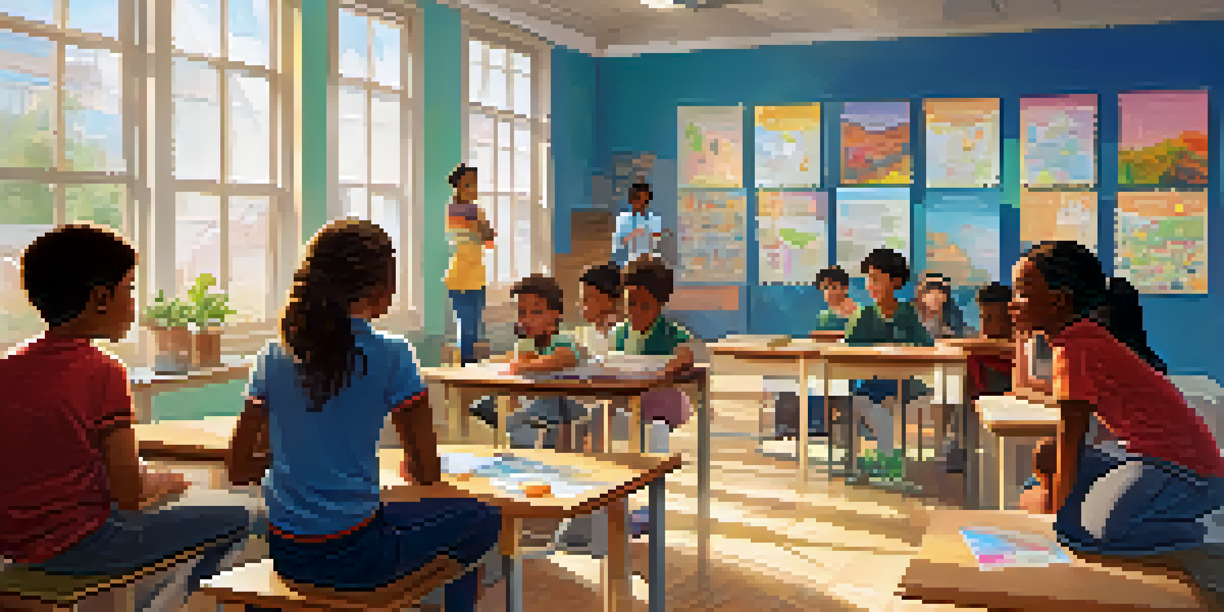 A bright classroom with diverse students participating in a mental health workshop led by a smiling teacher, with colorful educational posters on the walls.