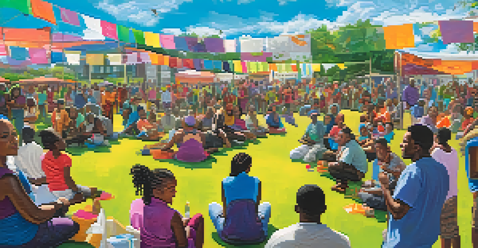A vibrant community gathering with individuals engaging in activities that promote empowerment and resilience.