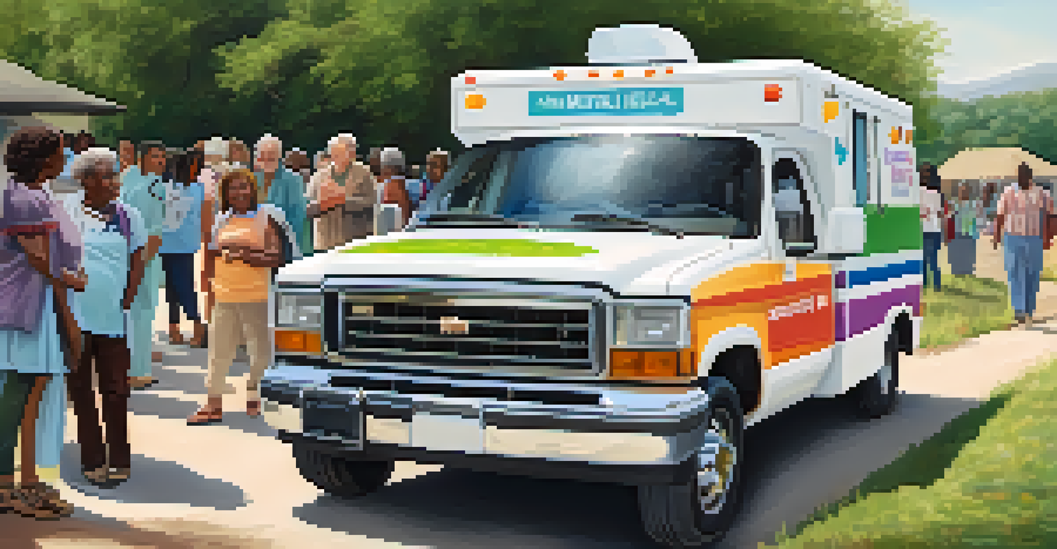 A mobile mental health clinic in a rural area, with a healthcare professional greeting community members and individuals waiting nearby, fostering a supportive atmosphere.