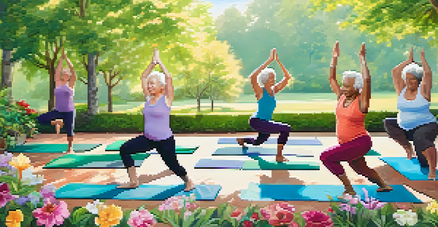 A group of older adults doing yoga in a sunny park surrounded by greenery.