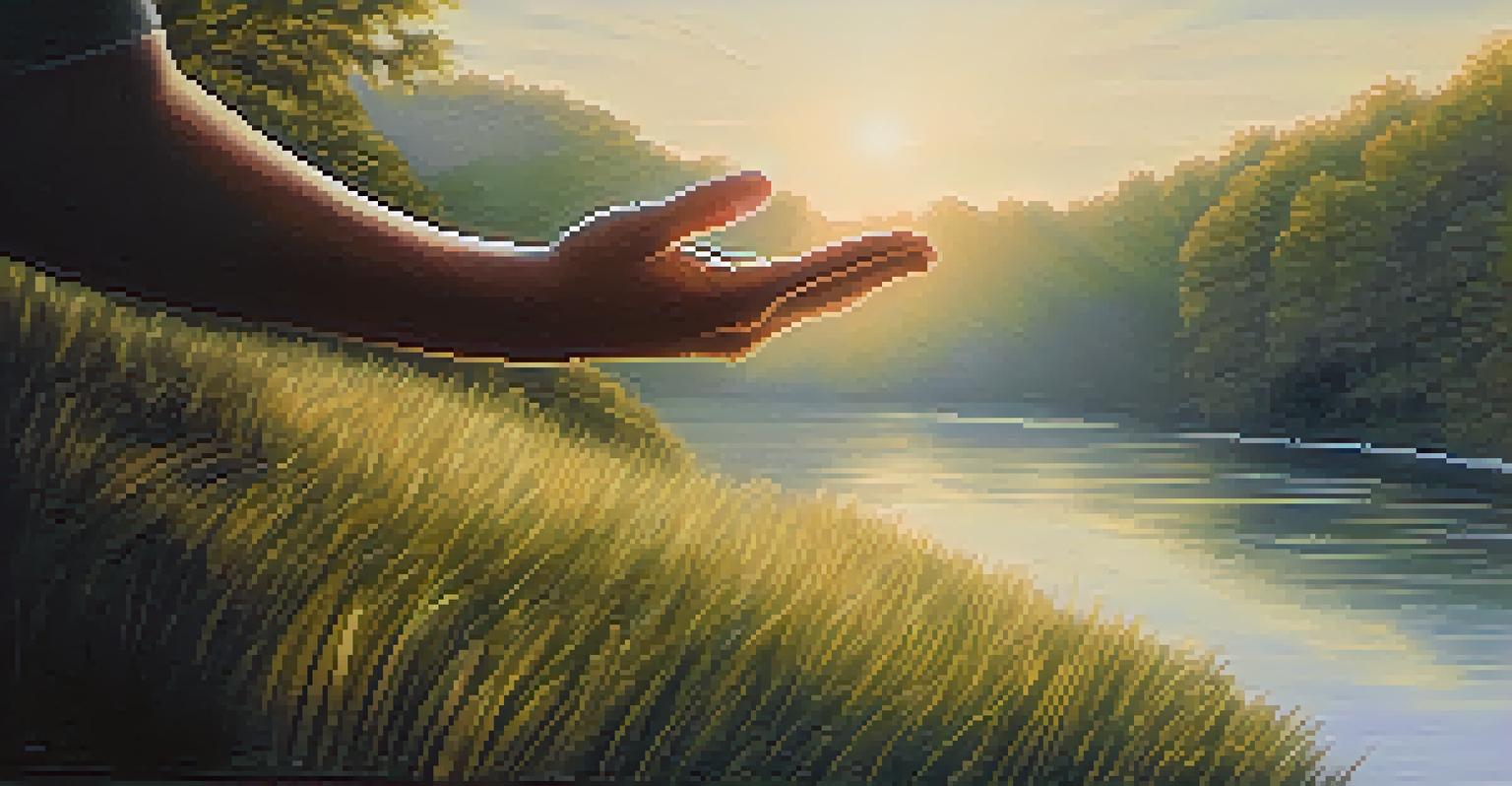 A hand reaching out to support someone in need, set against a peaceful natural backdrop.