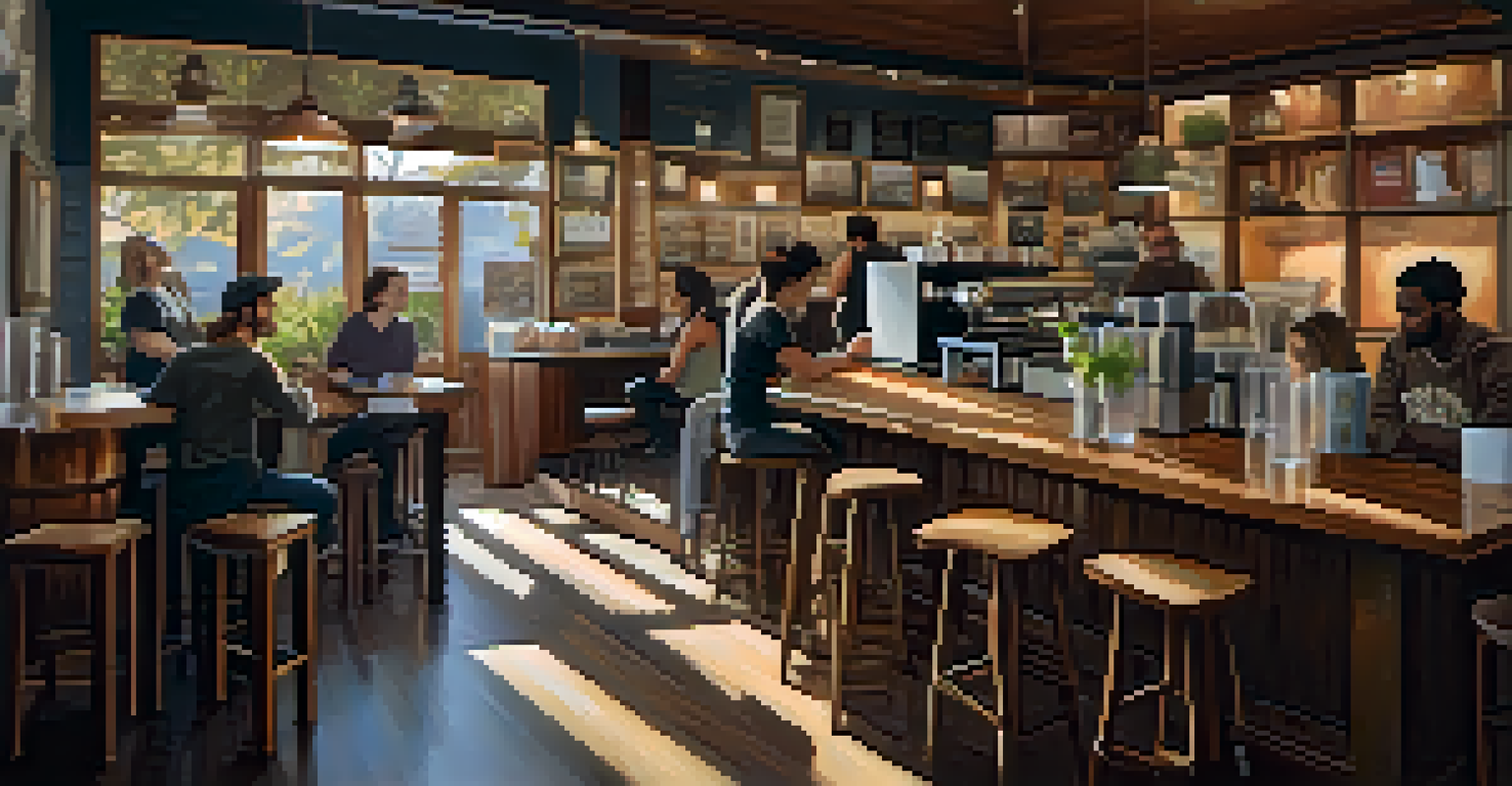 A cozy coffee shop interior with wooden tables, inspirational quotes on the walls, and friends enjoying conversation.