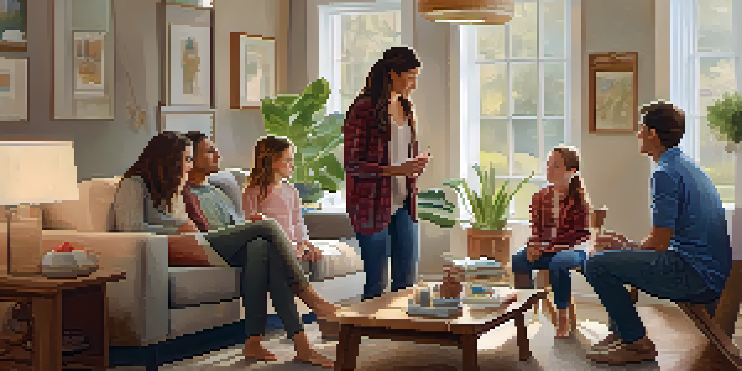 A family sitting together in a warm living room, engaged in conversation, with soft light filtering in, showcasing a supportive atmosphere.