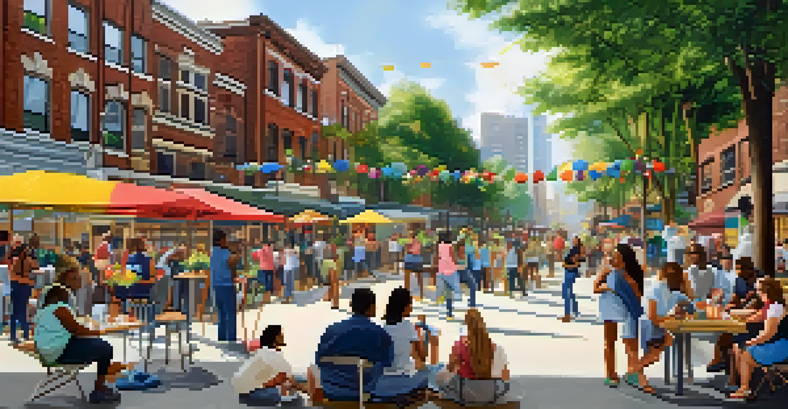 A vibrant urban street scene with a diverse group of people painting a mural and organizing a community event.