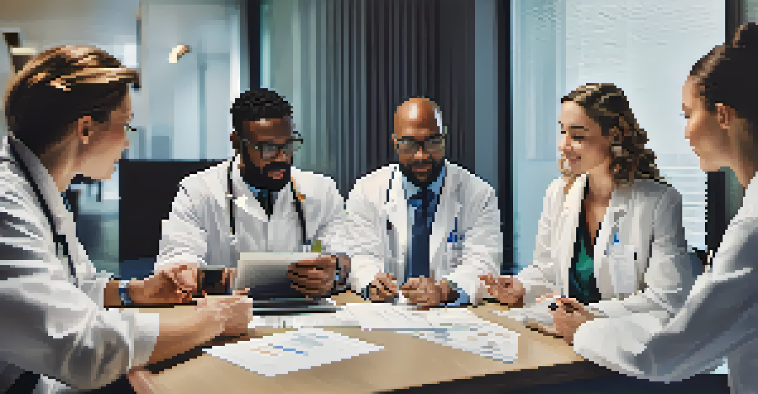 A diverse team of healthcare professionals discussing a treatment plan at a table, emphasizing collaboration in addiction recovery.
