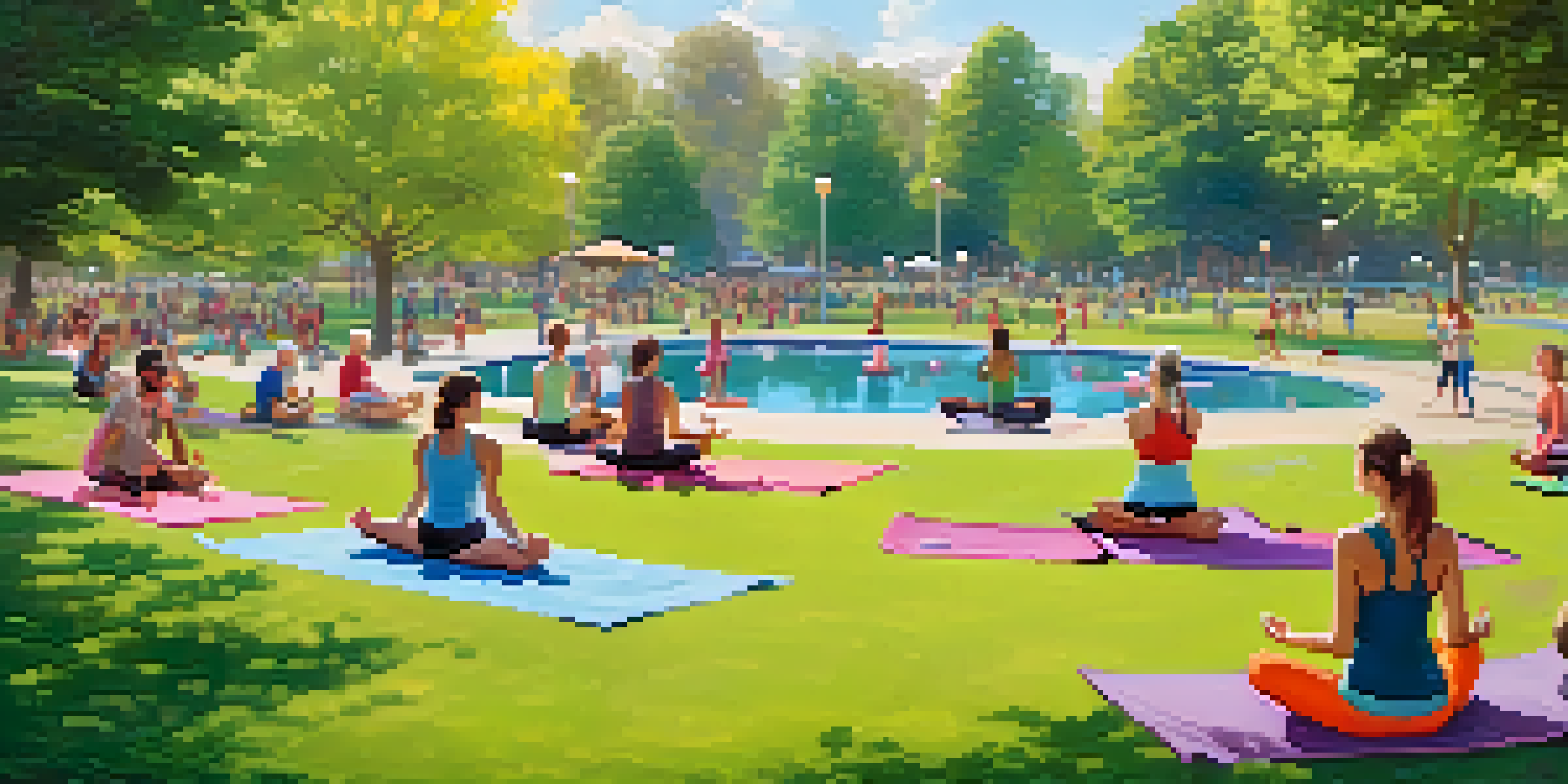A community park with people practicing yoga, jogging, and playing frisbee under the sun, surrounded by trees and flowers.