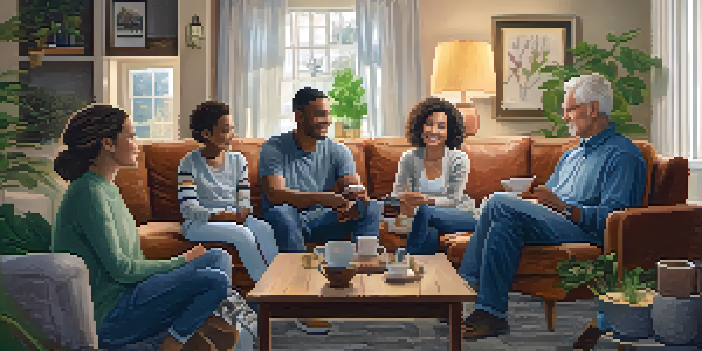A multi-generational family in a living room discussing addiction, surrounded by family photos and plants.