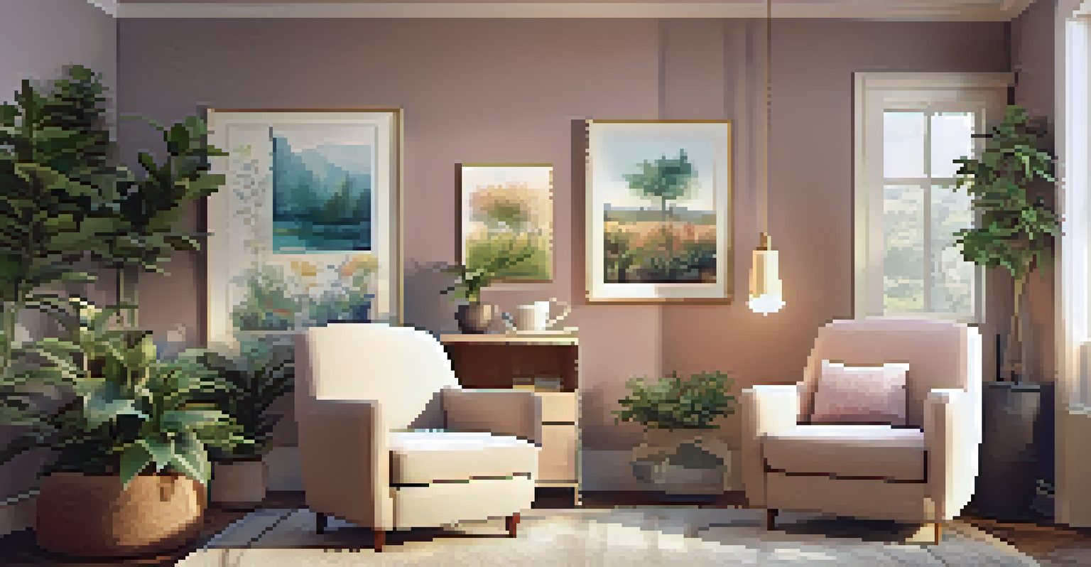A therapy room with two comfortable chairs facing each other, decorated with plants and soft lighting, creating a warm inviting atmosphere for conversations.