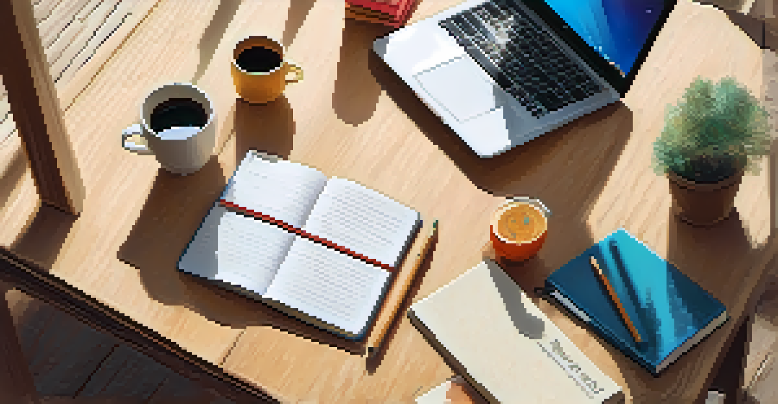 A flat lay of a workspace with a notebook, laptop, colorful stationery, and a cup of coffee on a wooden desk.