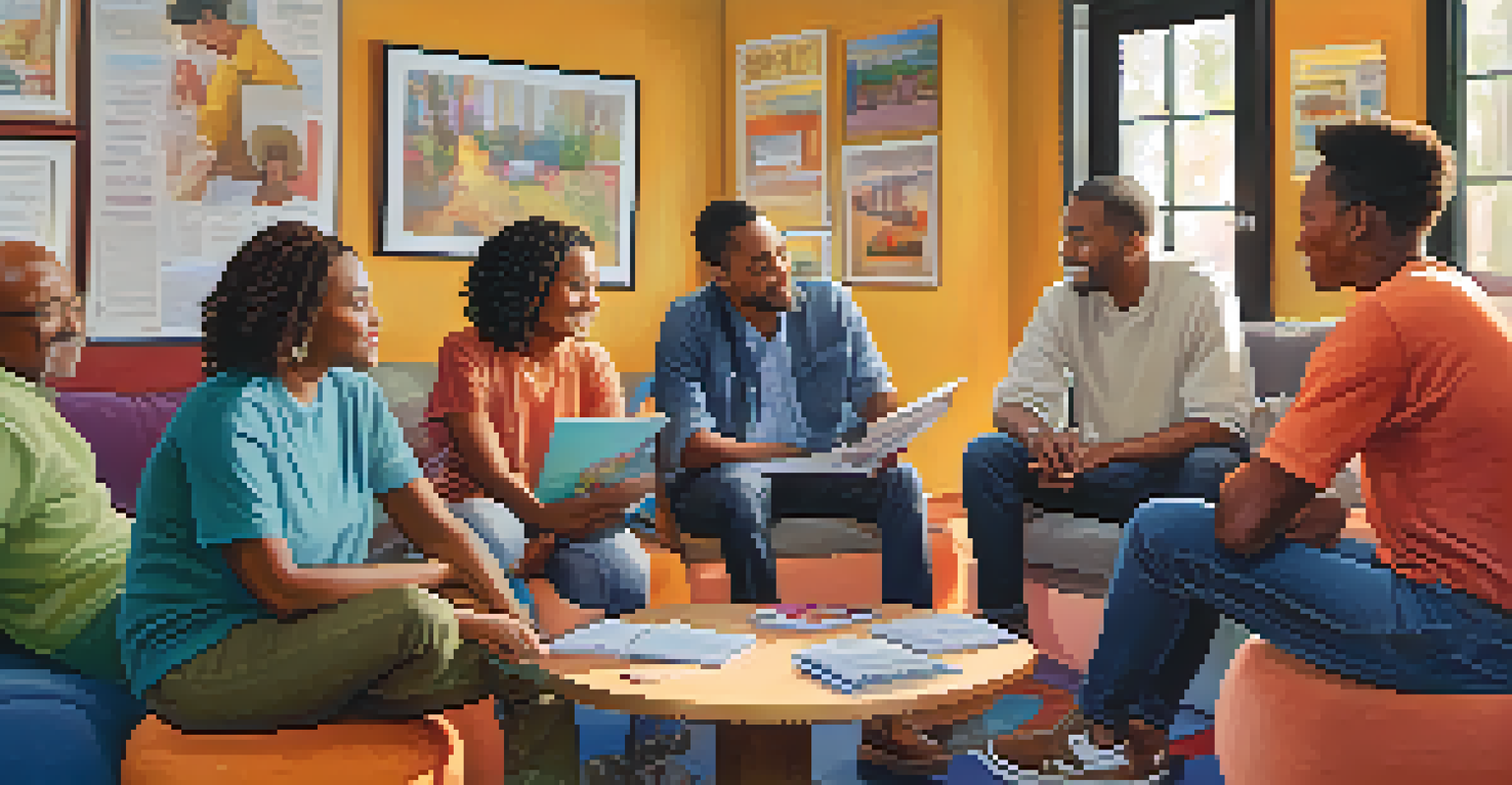 A group of people in a supportive discussion about financial planning in a community center.