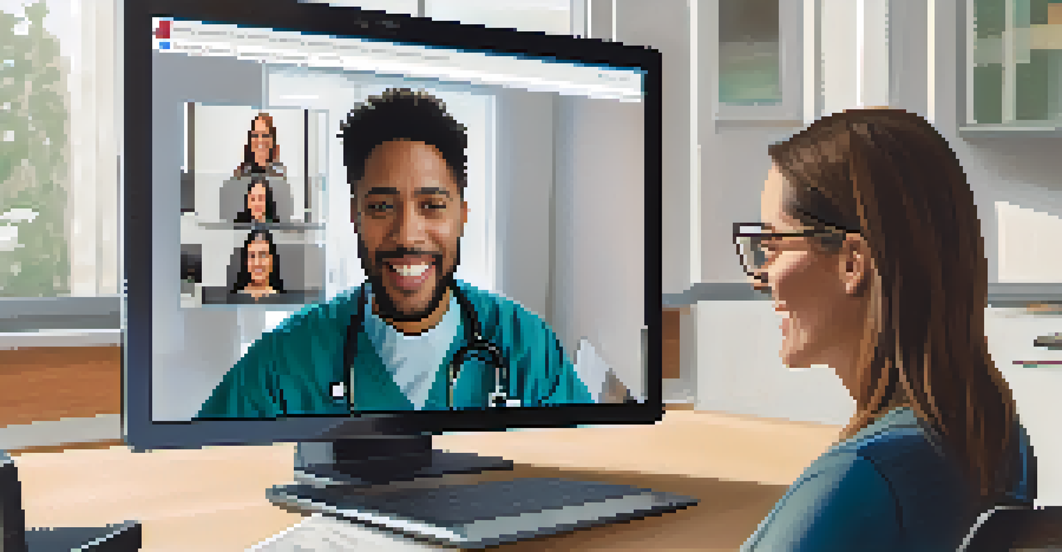 A split image illustrating telehealth therapy on one side with a laptop screen displaying a therapist, and on the other side, a therapist and a patient in a cozy therapy office.