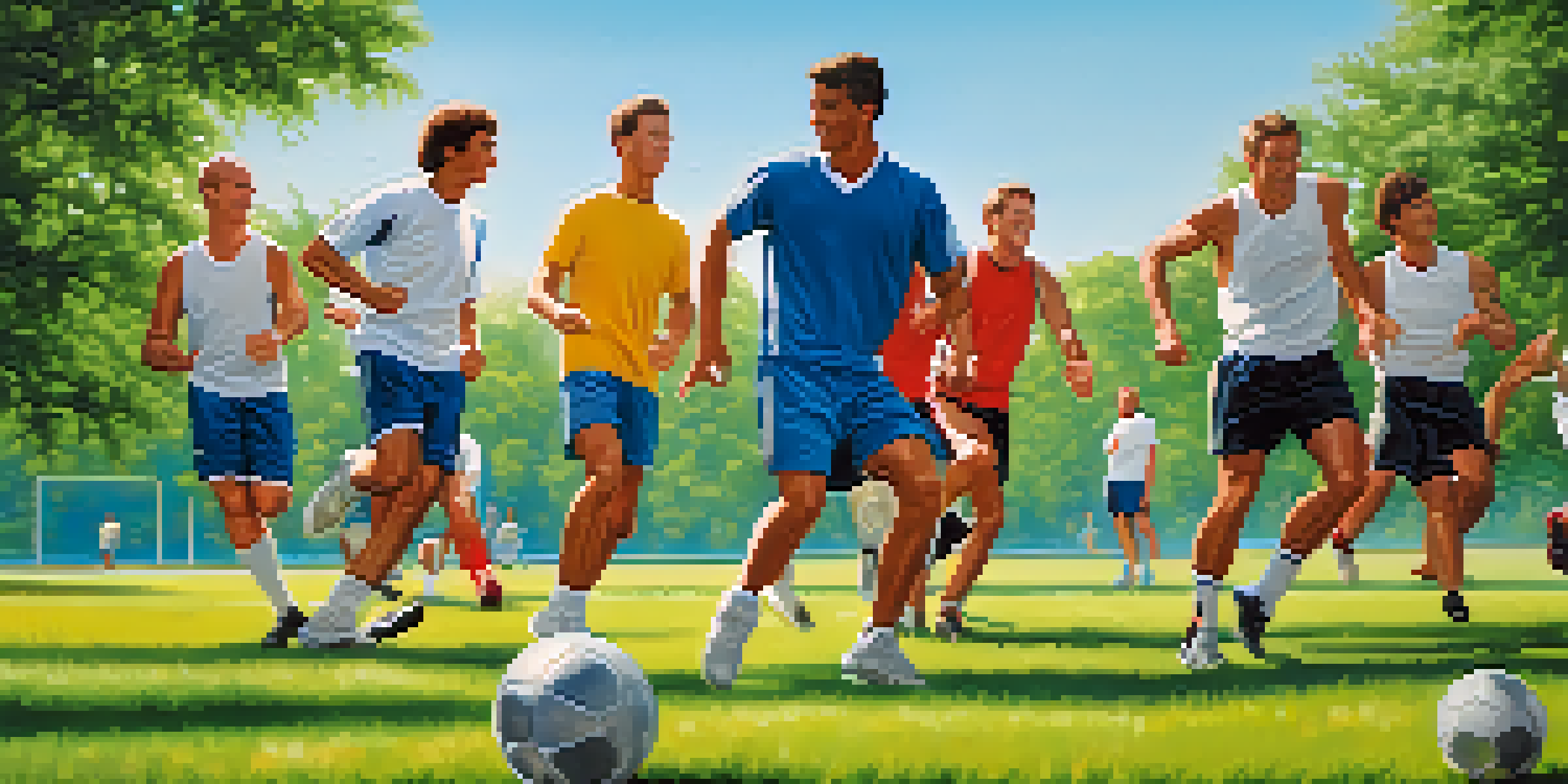 A group of men playing soccer outdoors, showcasing teamwork and joy in a vibrant green setting.