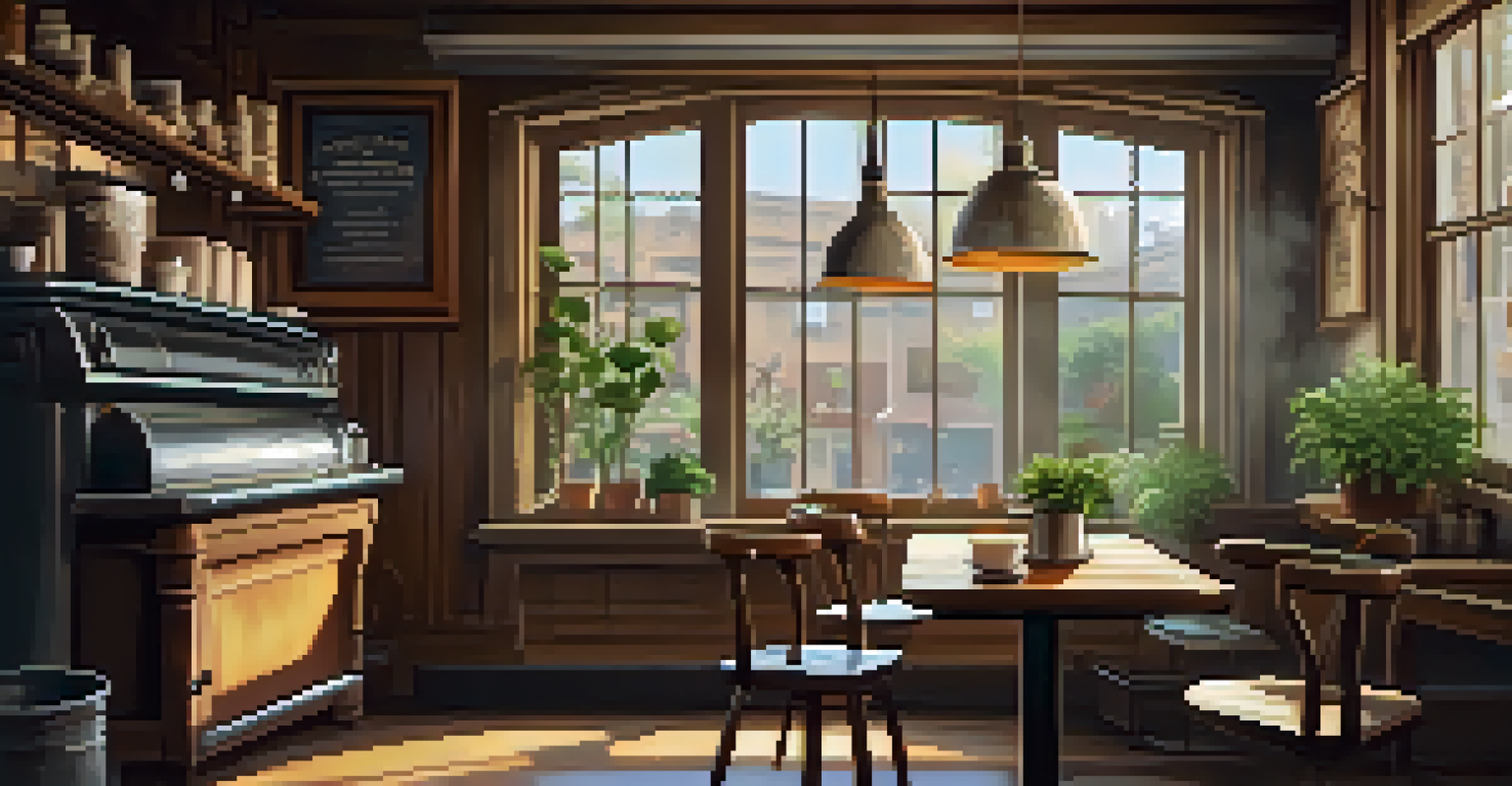 A cozy coffee shop corner with a wooden table holding a cup of coffee, an open book, and a potted plant, bathed in warm light.