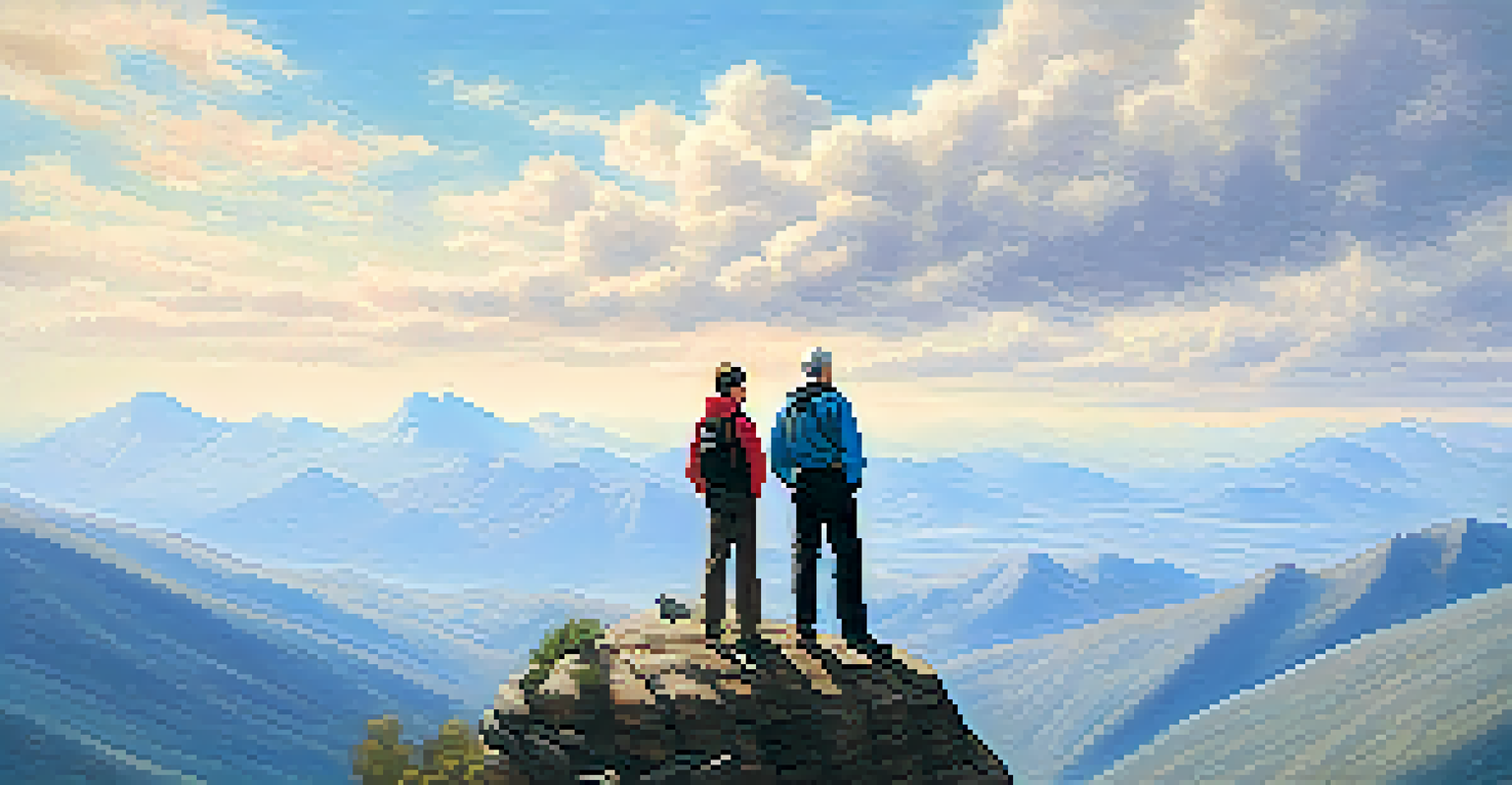 A mentor and mentee standing on a mountain peak, looking out over a vast landscape.