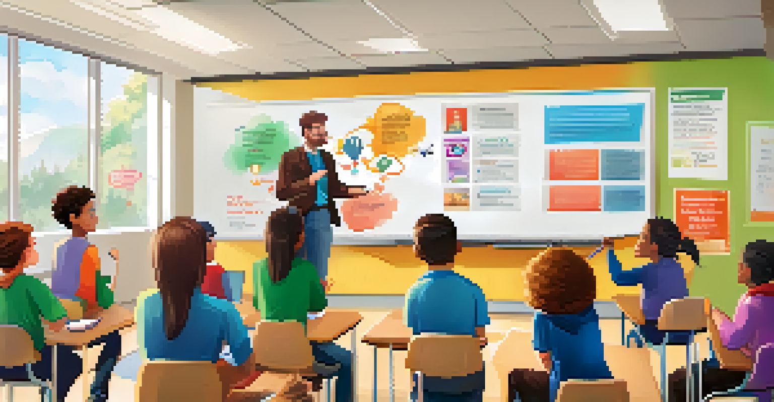 A classroom scene with a teacher discussing vaping risks while students raise their hands, surrounded by educational posters.