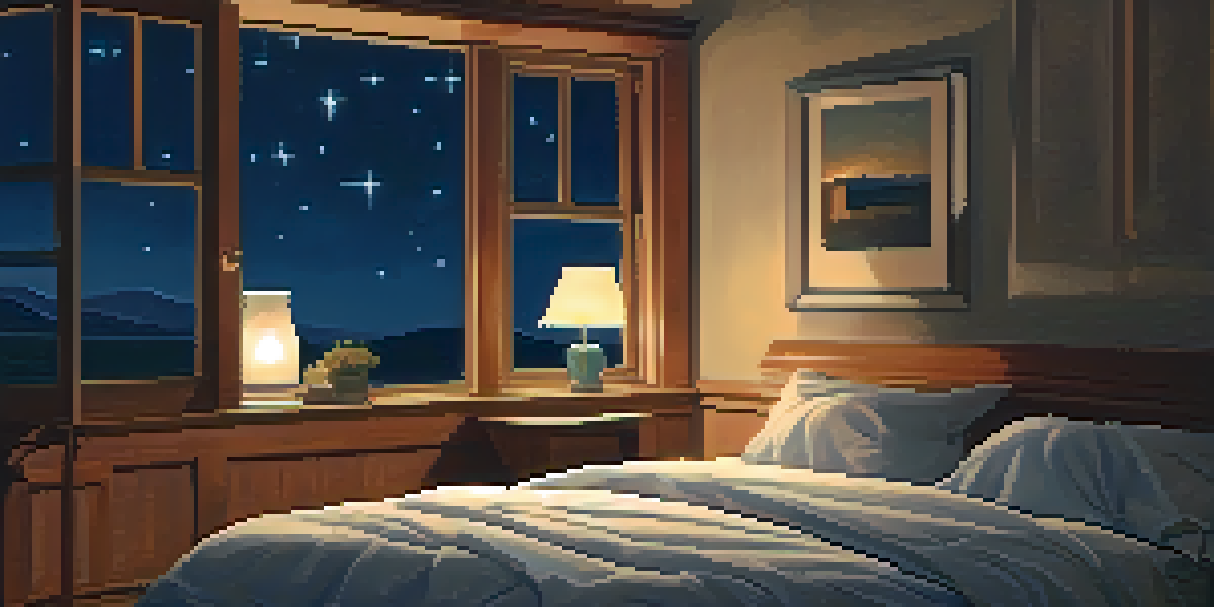 A peaceful bedroom with a neatly made bed, soft pillows, and a warm bedside lamp, illuminated by a starry night sky outside the window.