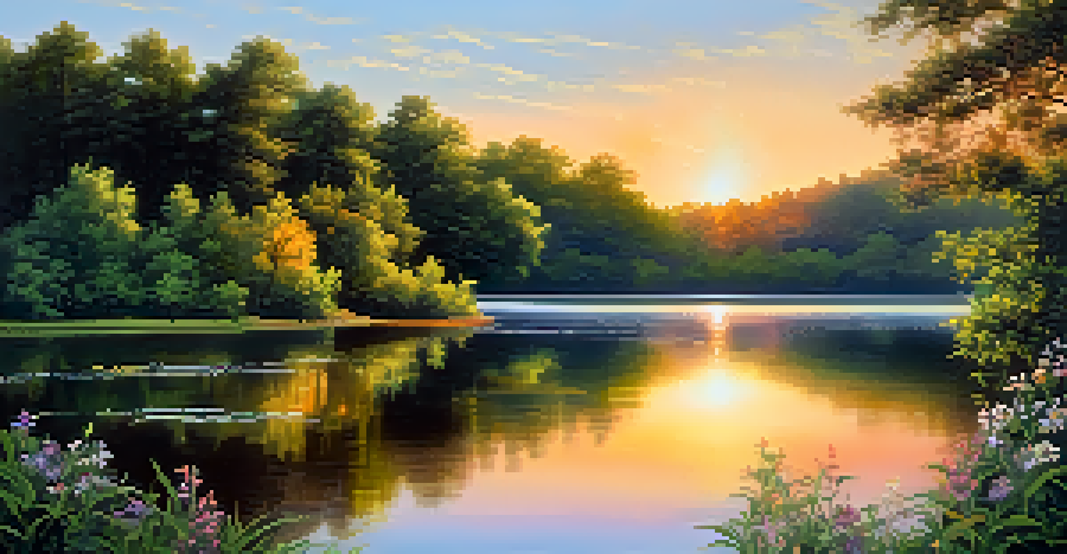 A peaceful sunrise over a calm lake surrounded by trees and wildflowers.