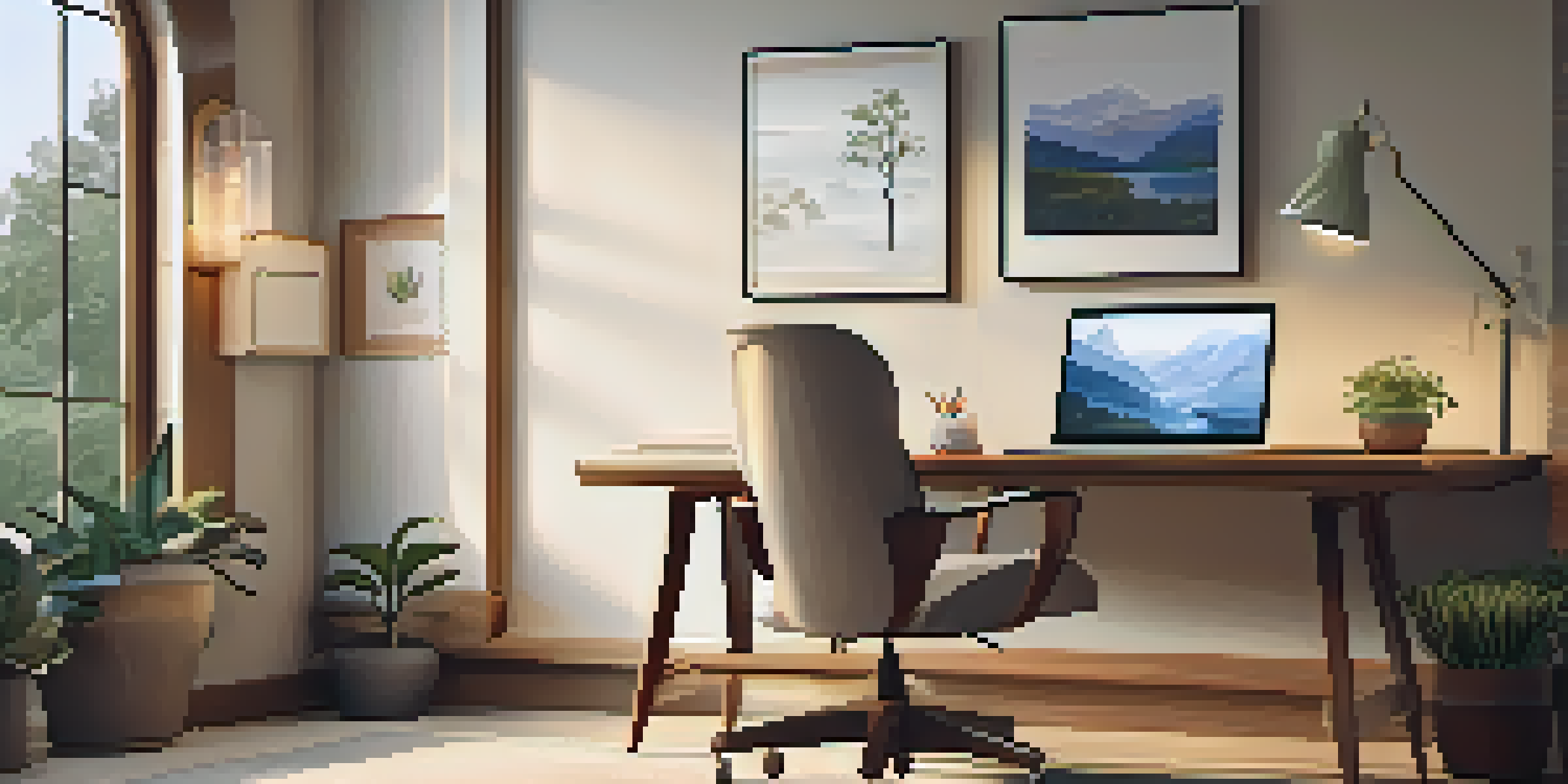 A warm and inviting home office space featuring a cozy chair, a laptop on a wooden desk, and calming artwork on the walls, with a garden view through the window.