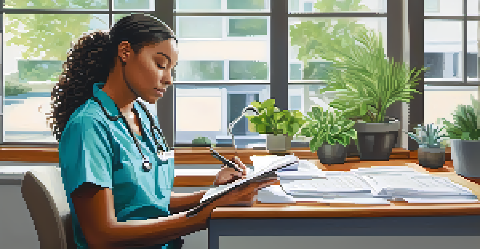 A healthcare professional examining patient history notes in a bright office, surrounded by assessment tools and a plant.
