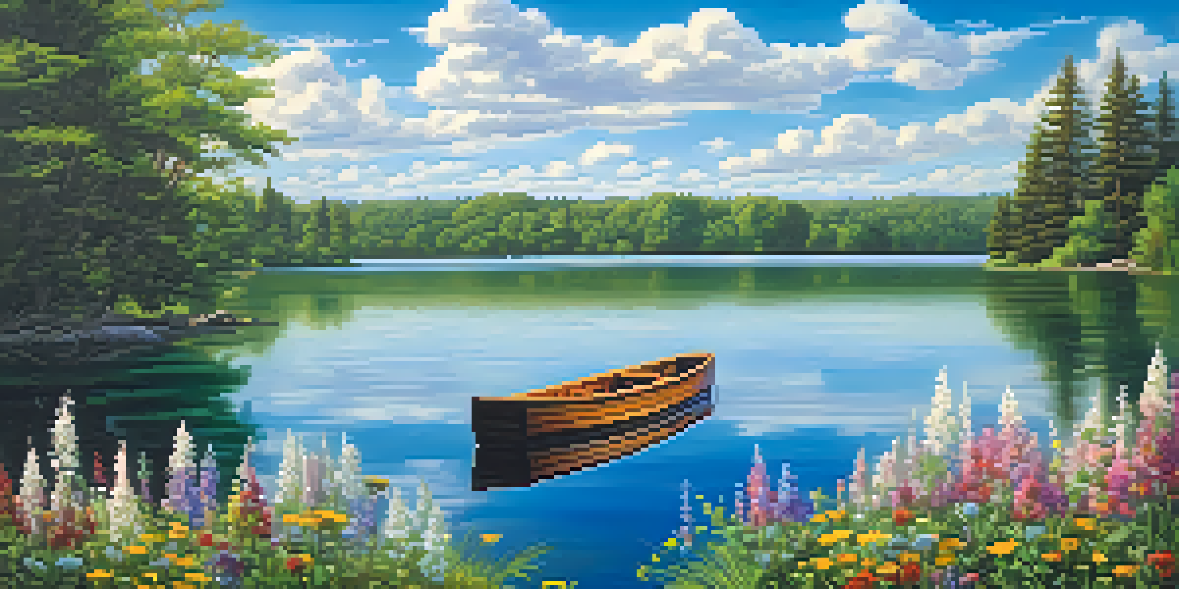 A calm lake surrounded by green trees and colorful flowers under a blue sky with clouds, featuring a wooden boat on the water.