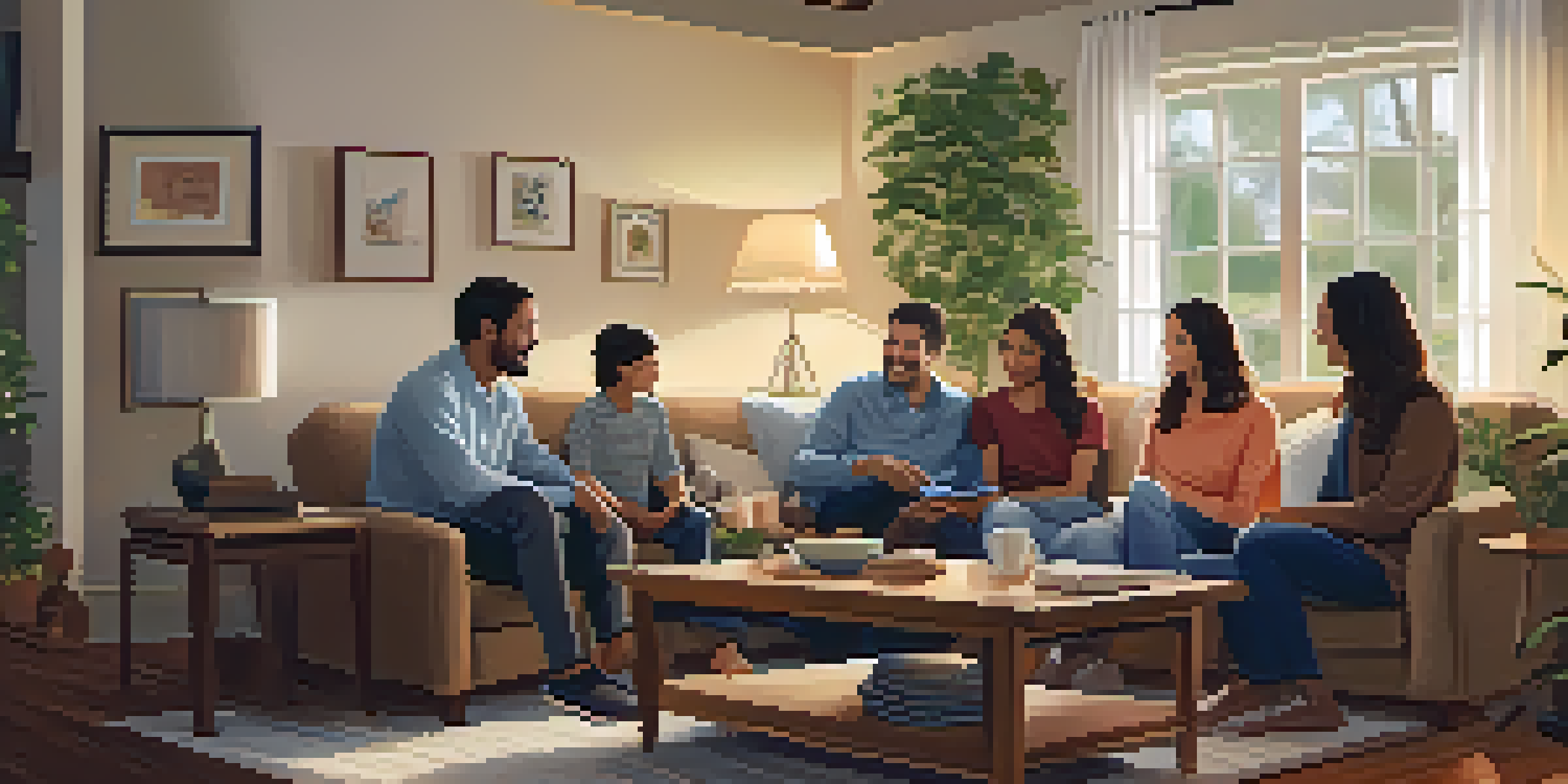 A family sitting in a cozy living room, engaging in a supportive conversation with warm lighting.