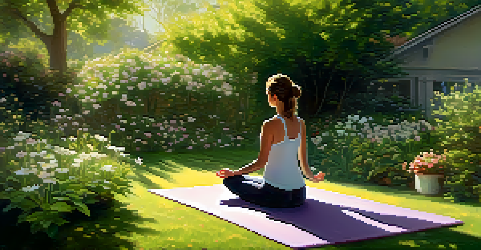 A parent meditating on a yoga mat in a tranquil garden filled with flowers and greenery, radiating calm and relaxation.
