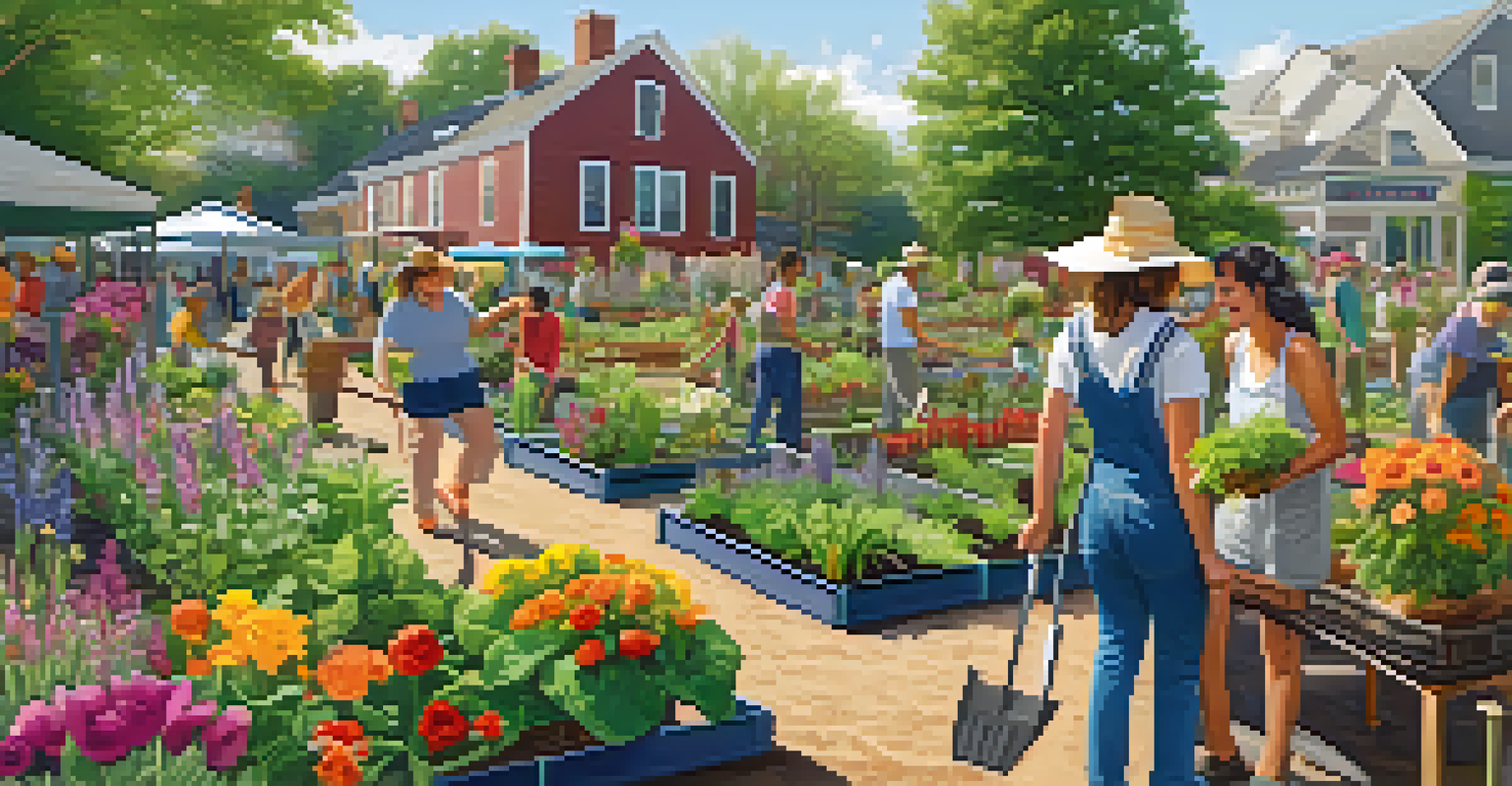 A community garden with diverse people gardening together, surrounded by colorful plants and flowers.