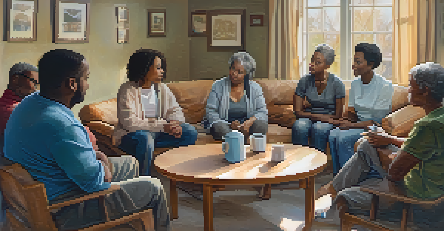 A community support group with diverse individuals in a circle, engaged in discussion, with warm lighting and a cozy atmosphere.