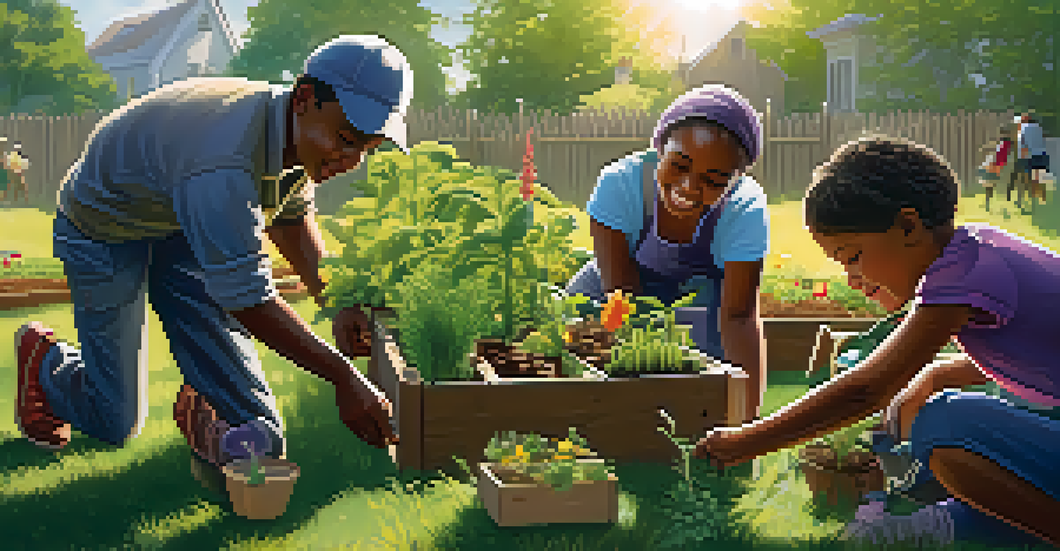 Residents working together in a communal garden, planting flowers and vegetables under the bright sun.