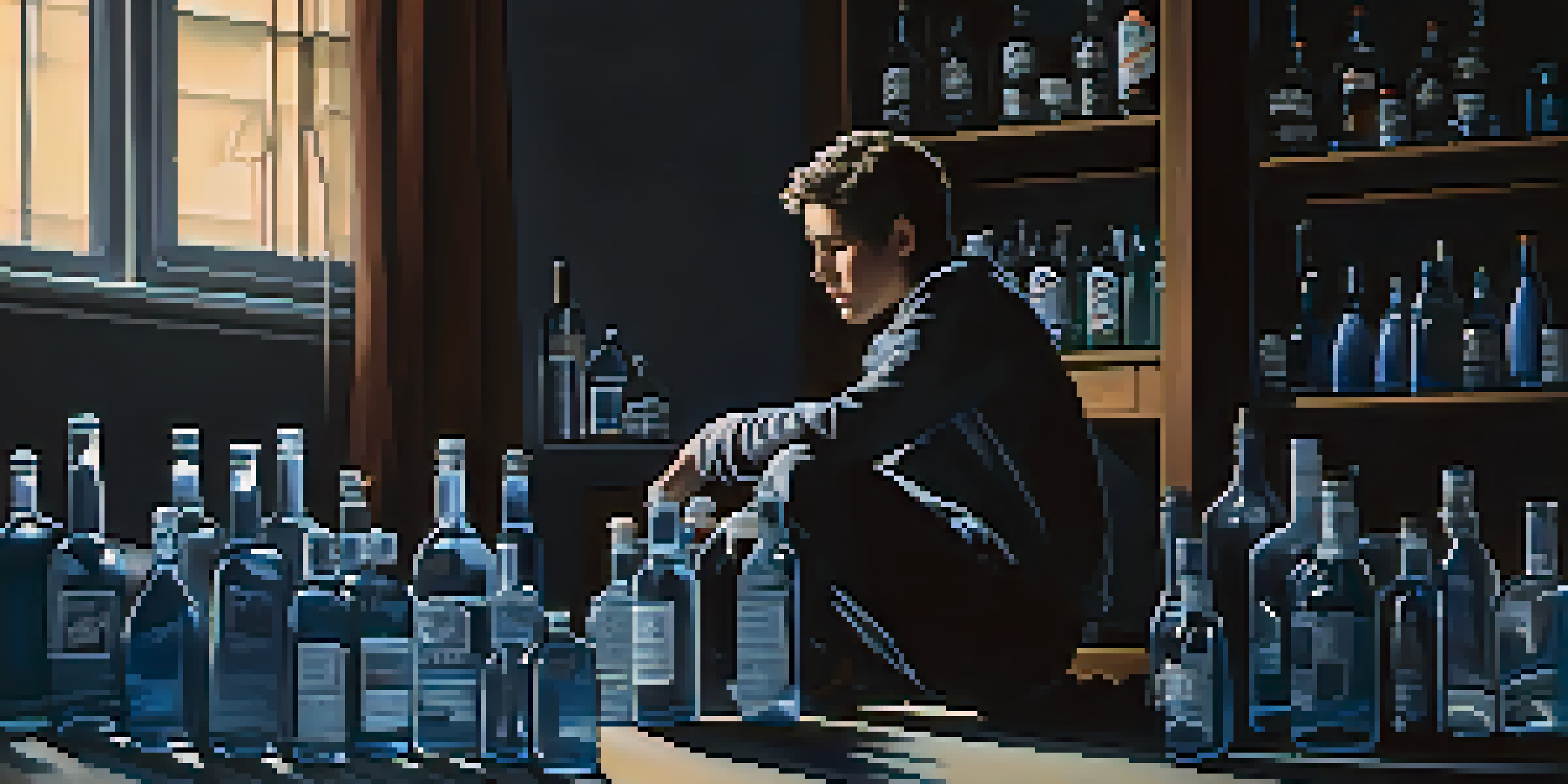 A character sitting in a dimly lit room, surrounded by empty bottles, reflecting on their struggles with addiction, with soft, moody lighting.