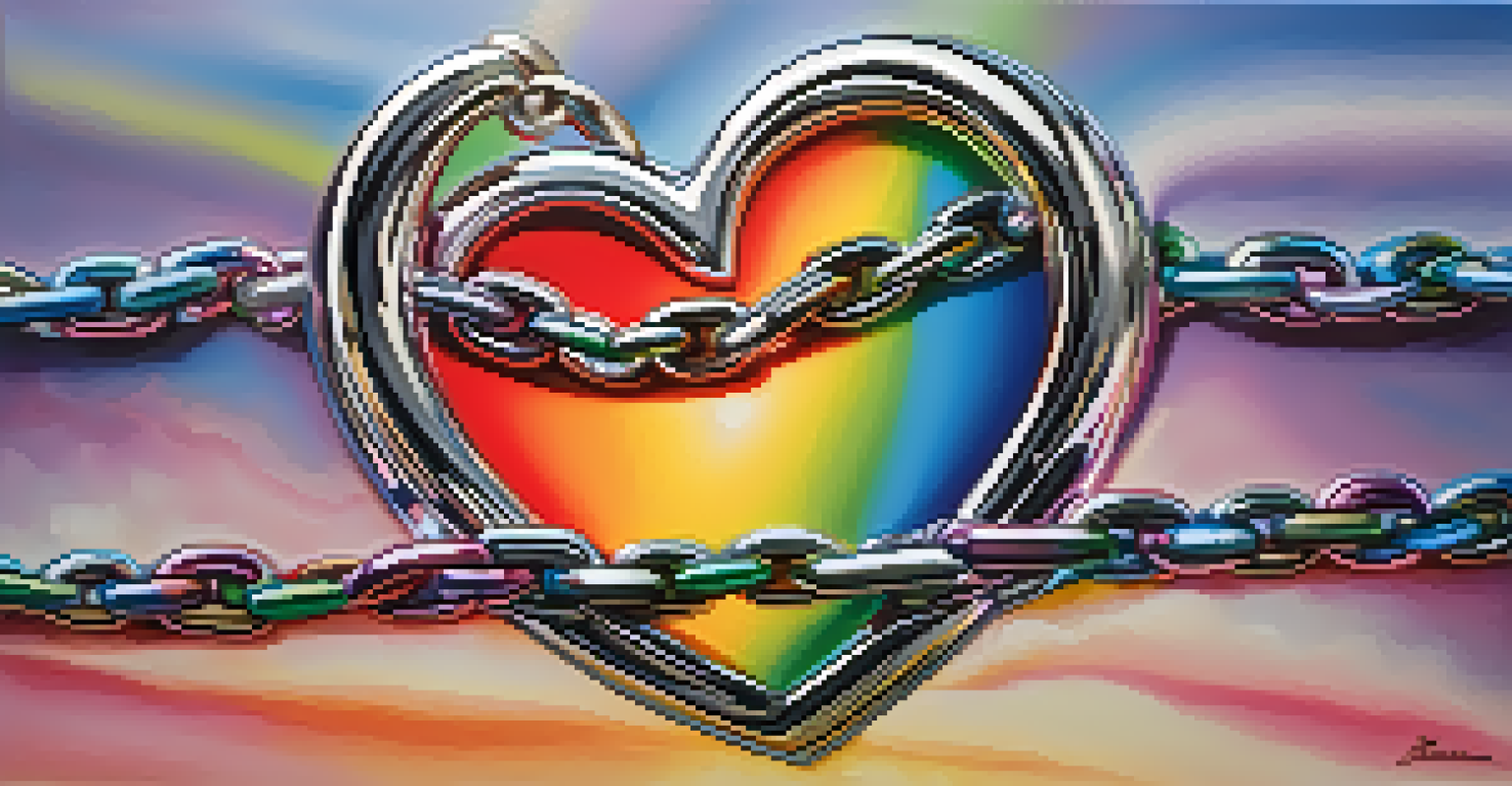A colorful heart intertwined with a rainbow and a metallic chain, representing love, identity, and the struggle with addiction, set against a soft gradient background.
