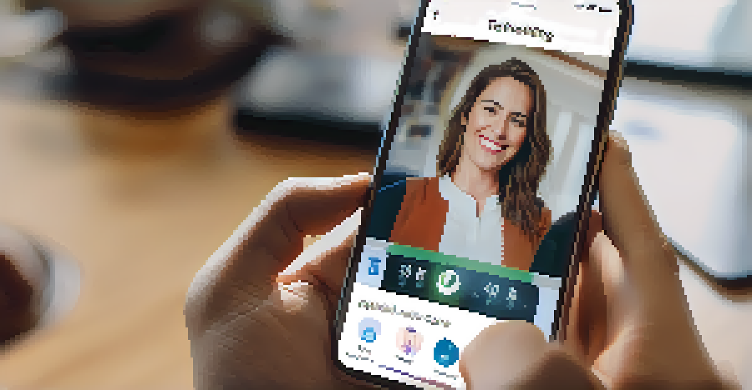 Close-up of a hand holding a smartphone showing a telehealth appointment with a smiling mental health professional, symbolizing accessible care.