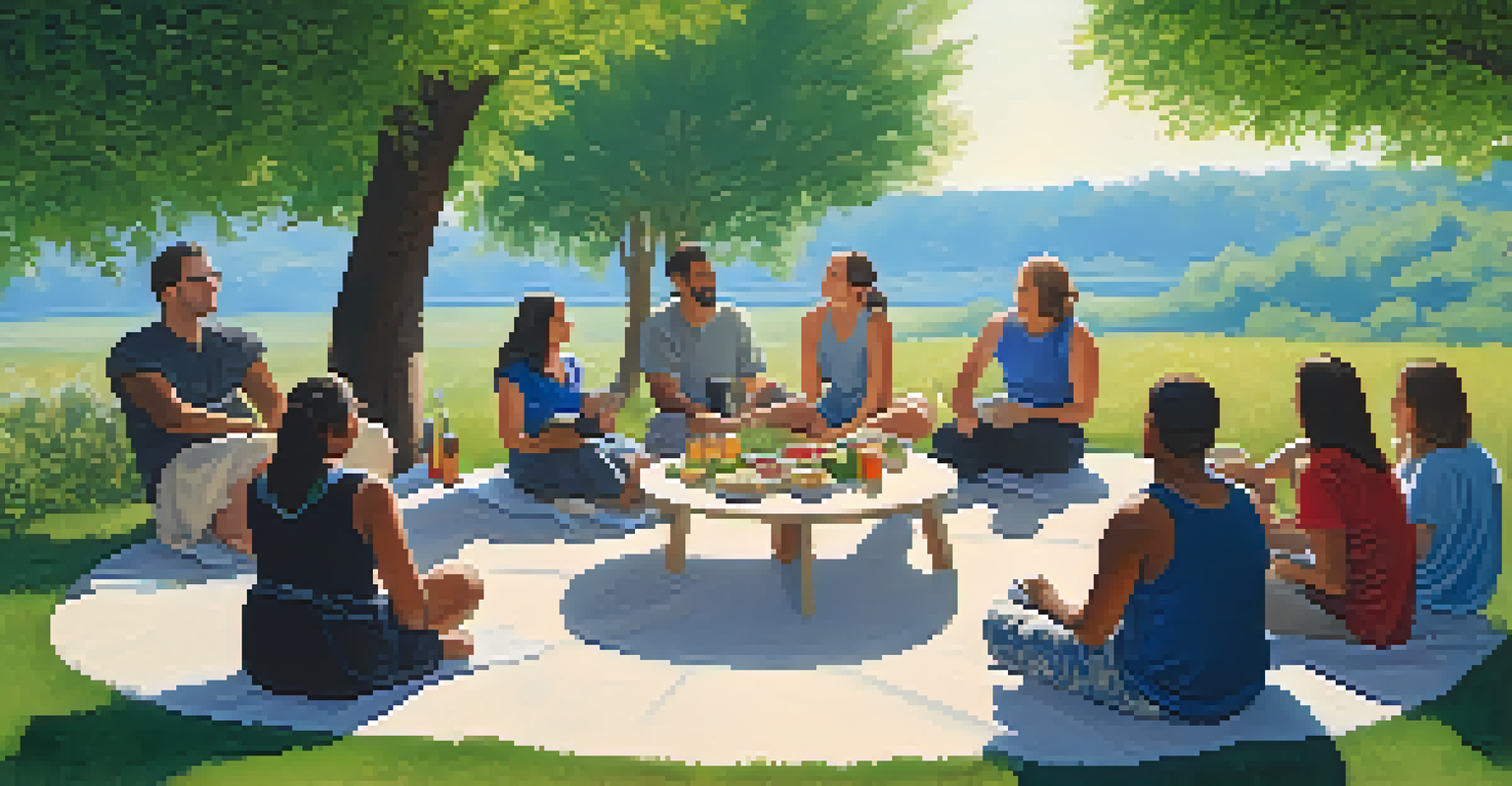 A group of people sitting in a circle outdoors, sharing healthy recipes and supporting each other in recovery.