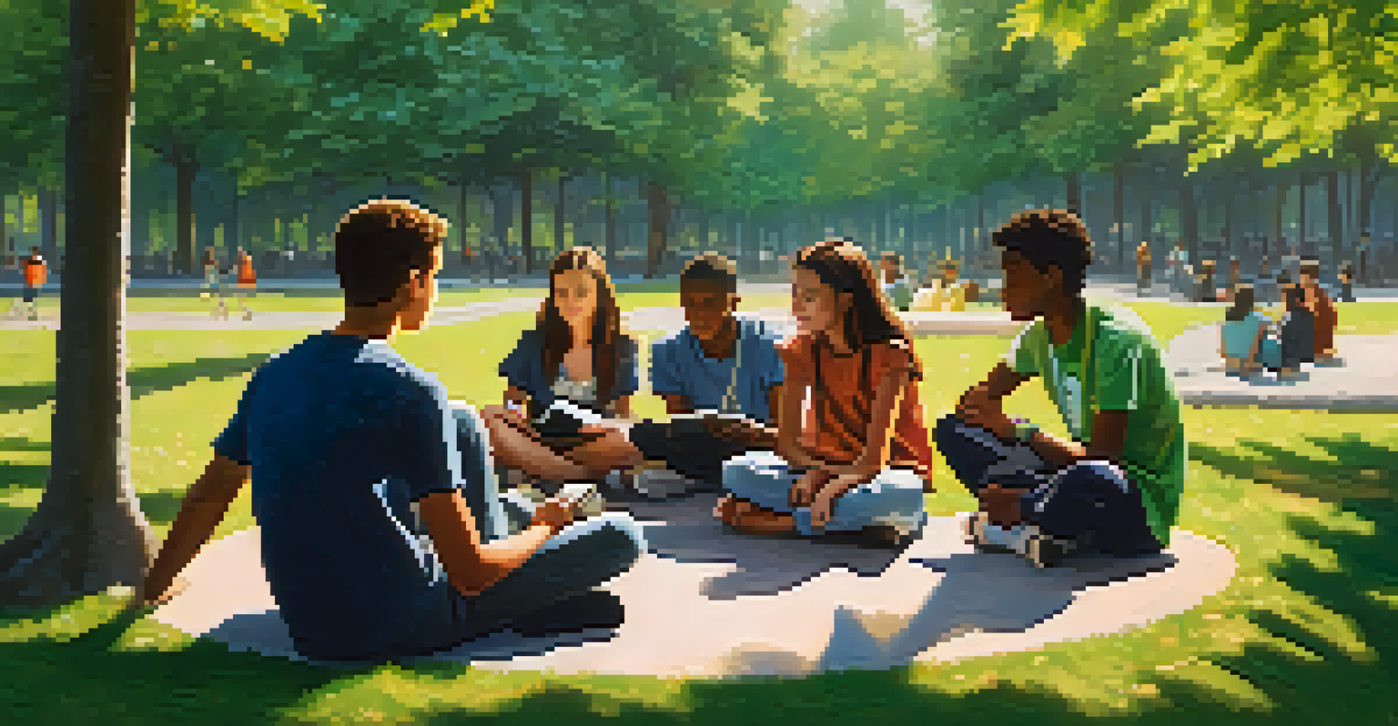 Teenagers in a park participating in a mentoring session, surrounded by greenery and flowers, with sunlight filtering through the trees.