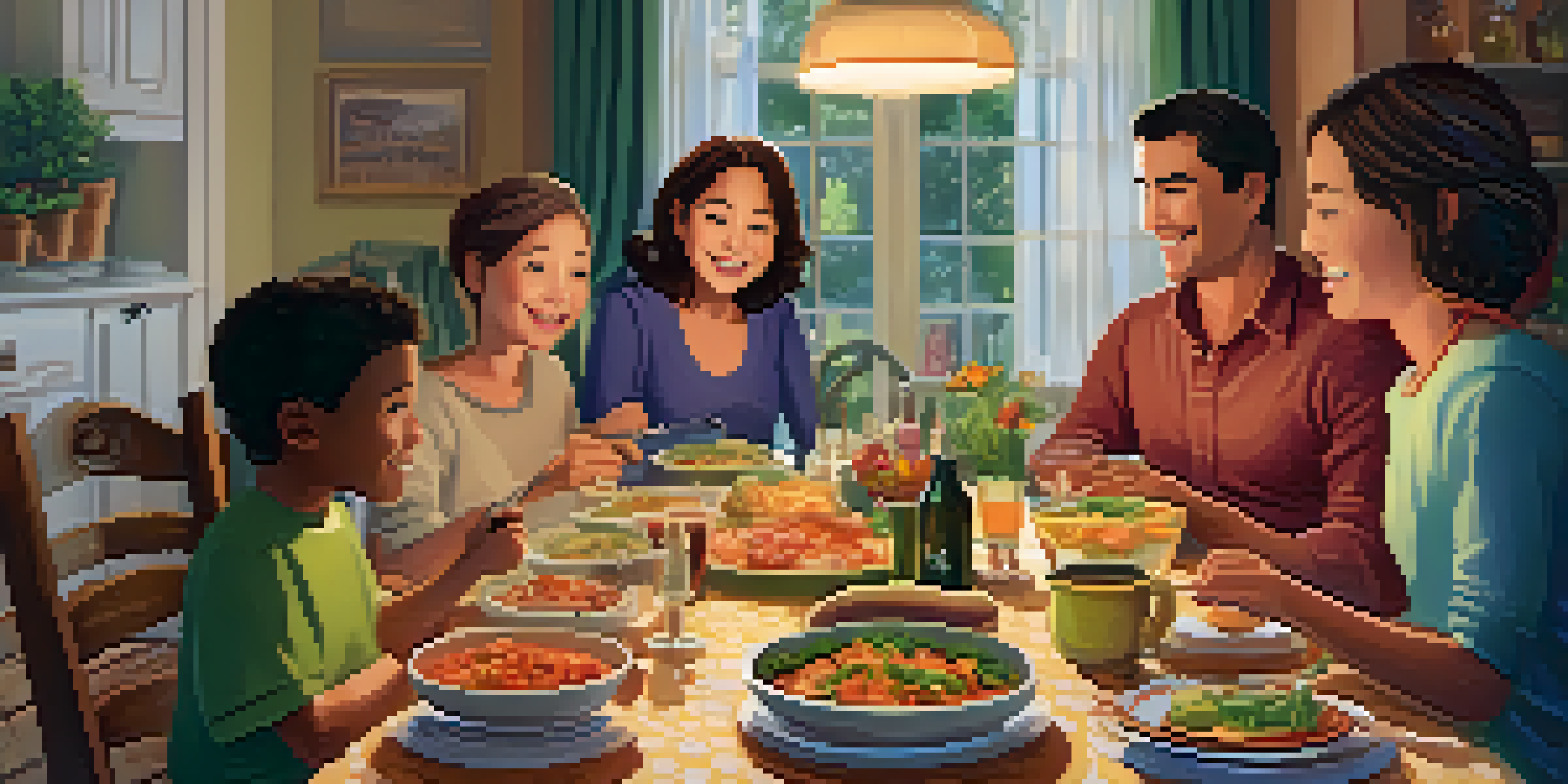 A diverse family enjoying a warm dinner together, showcasing expressions of joy and support.