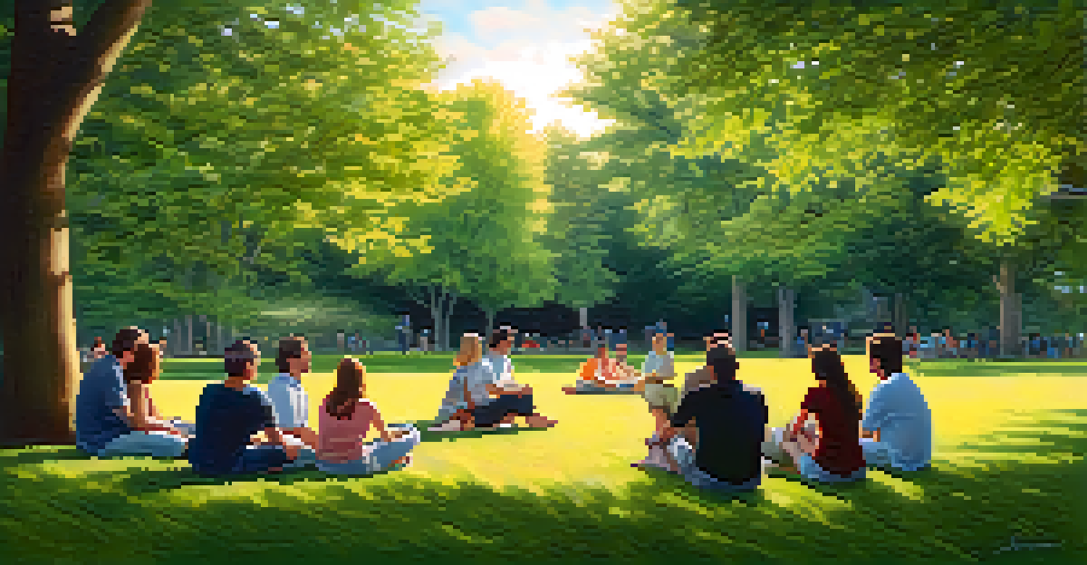 A peer support group meeting in a park, with individuals sitting in a circle sharing their experiences in a tranquil outdoor setting.