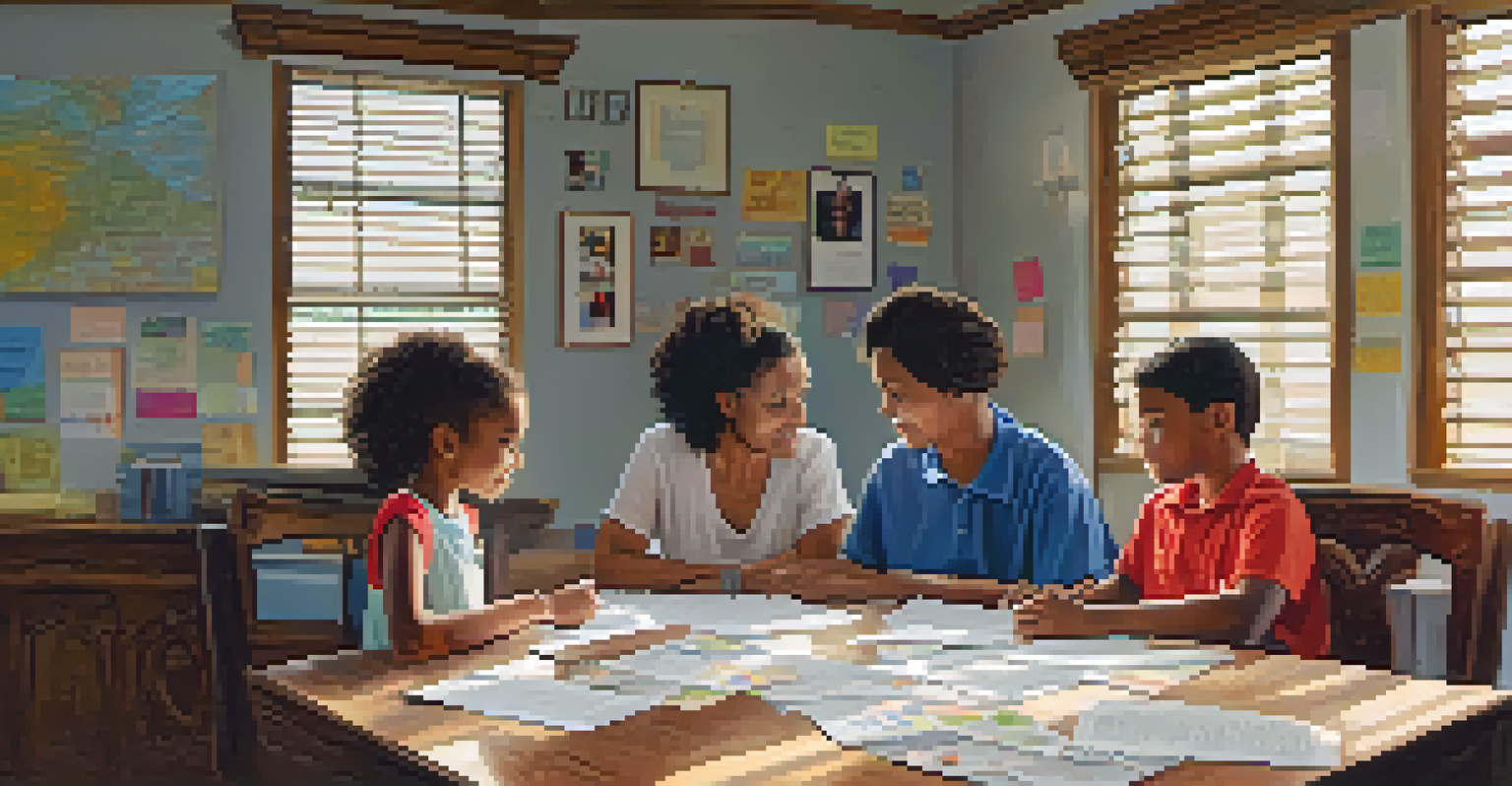 A family setting clear boundaries around a table, with papers in hand and supportive expressions in a brightly lit room.