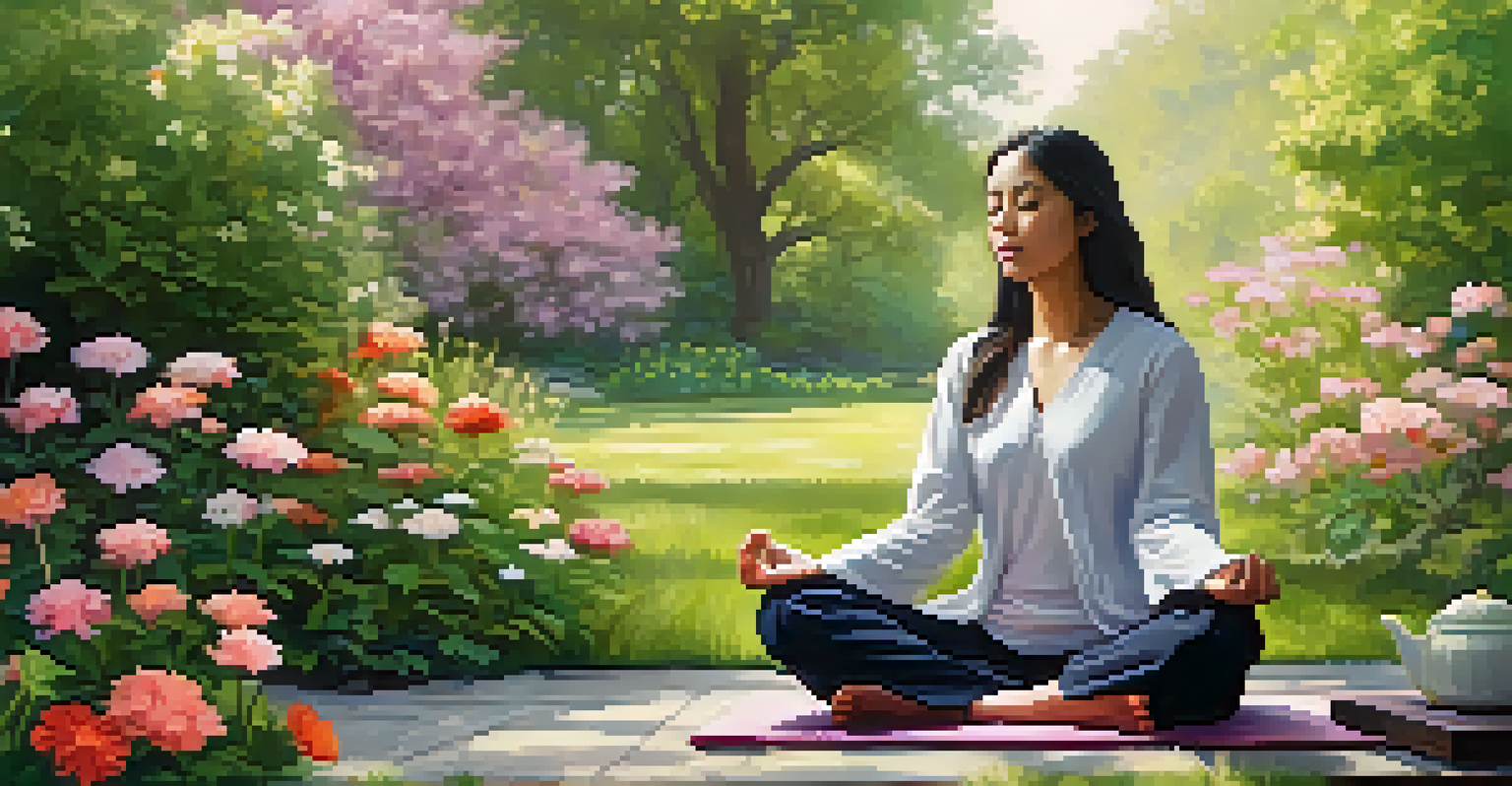 An individual meditating in a beautiful garden filled with blooming flowers, emphasizing self-care and emotional health.
