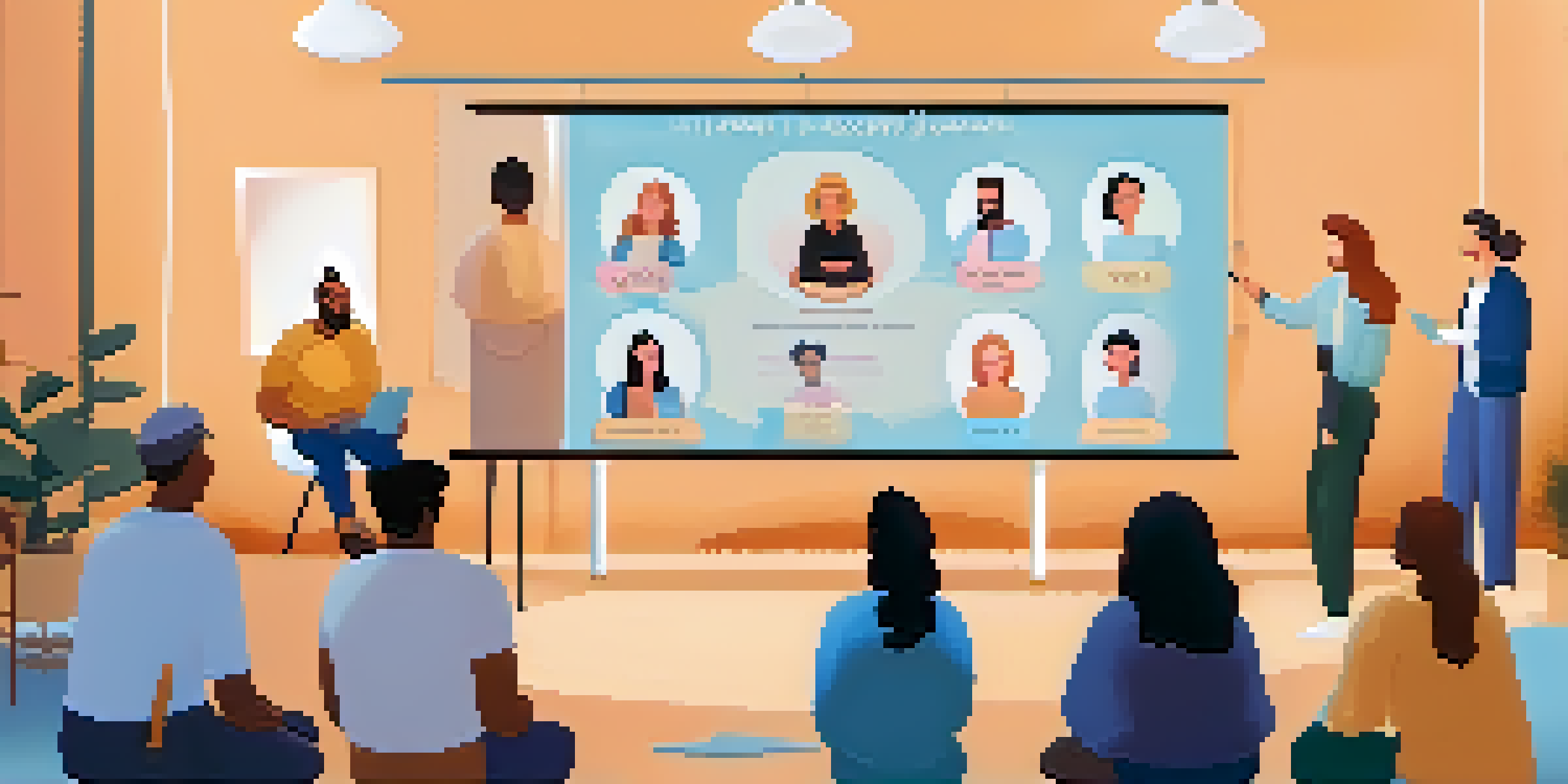 A virtual support group with diverse individuals in a cozy setting, smiling and engaging with each other, conveying warmth and community.