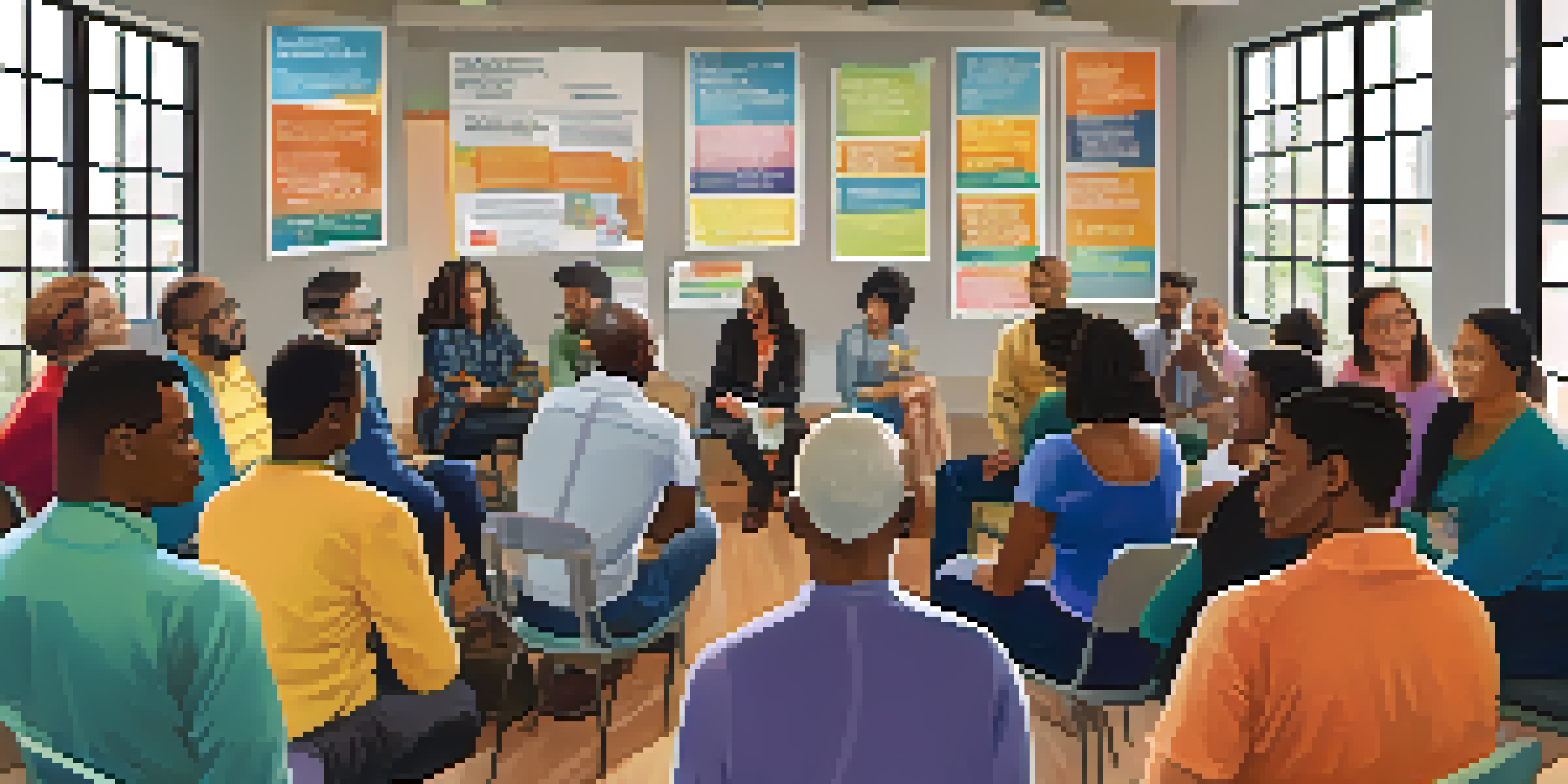 A diverse group of people in a bright room discussing addiction prevention strategies, with posters and natural light creating a welcoming atmosphere.