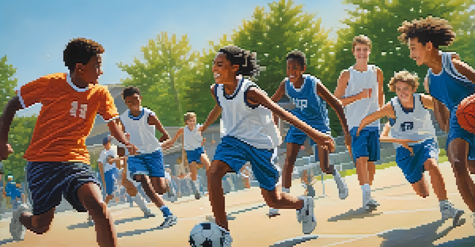 A group of teenagers playing a sport outdoors, showcasing teamwork and physical activity under a bright sky.