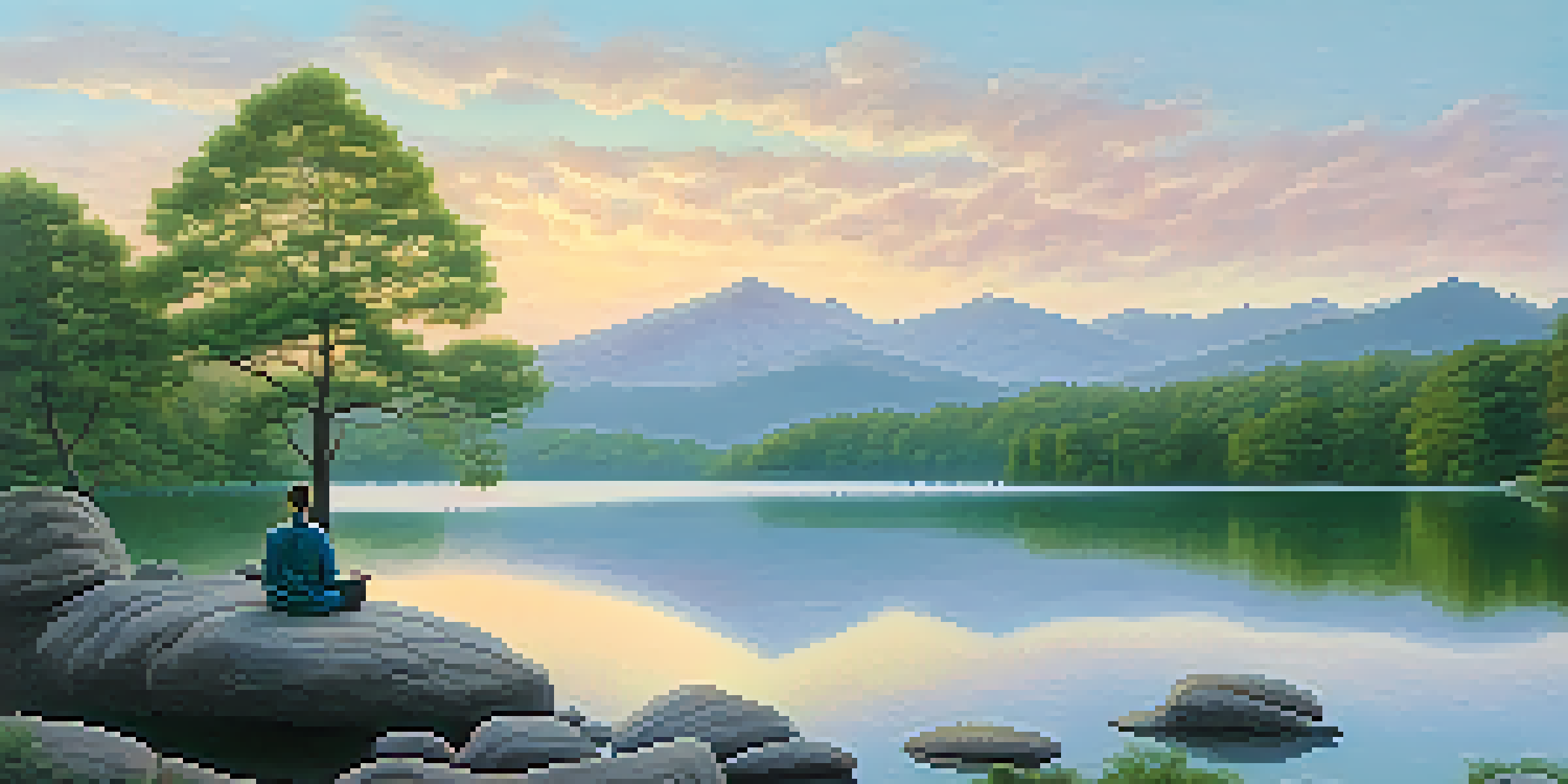 A peaceful scene with a person meditating by a calm lake at dawn, with mountains and trees in the background.
