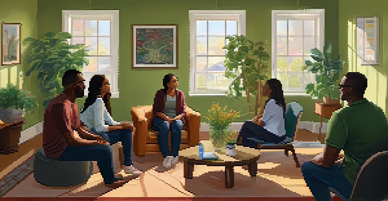 A group therapy session with participants sitting in a circle, sharing and supporting each other in a cozy room.