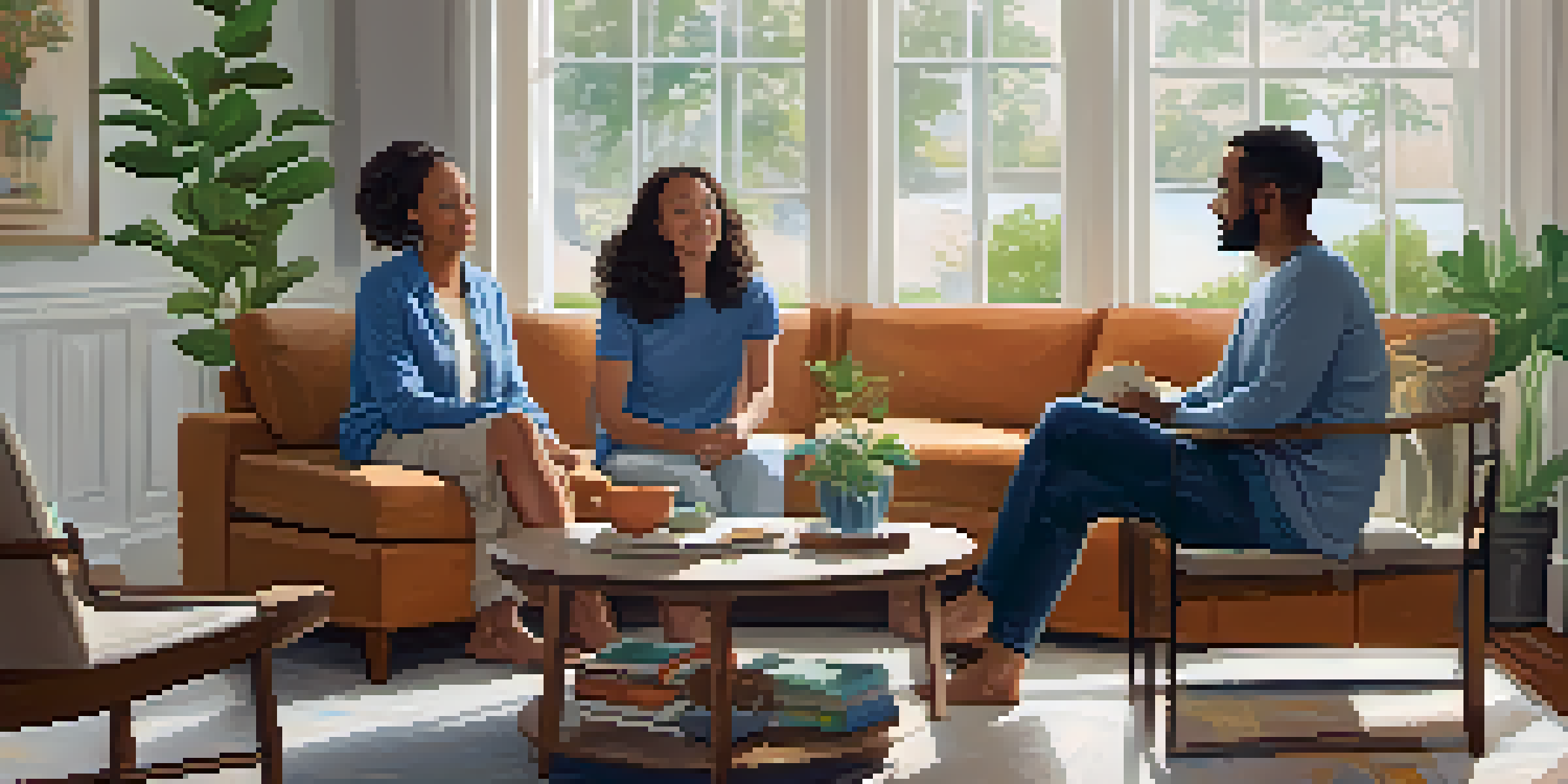 A family therapy session in a cozy room with family members sitting in a circle, engaging in conversation with soft natural light.