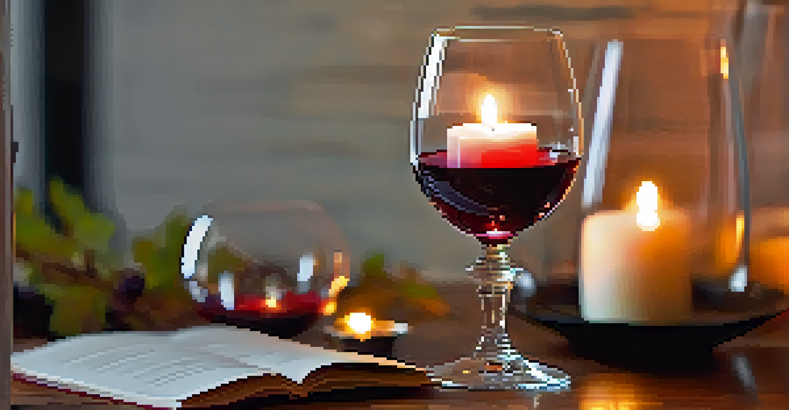 A close-up of a glass of red wine on a wooden table, with flickering candlelight in the background, creating a warm and inviting atmosphere.