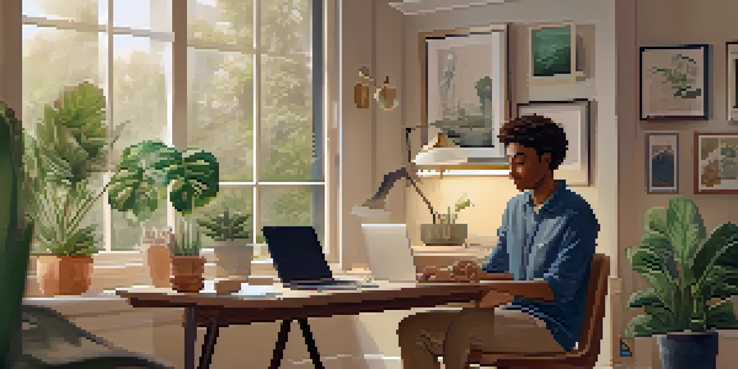 A therapist in a home office, smiling while conducting a video call with a patient on a laptop, surrounded by plants and personal decorations in a warm, well-lit room.