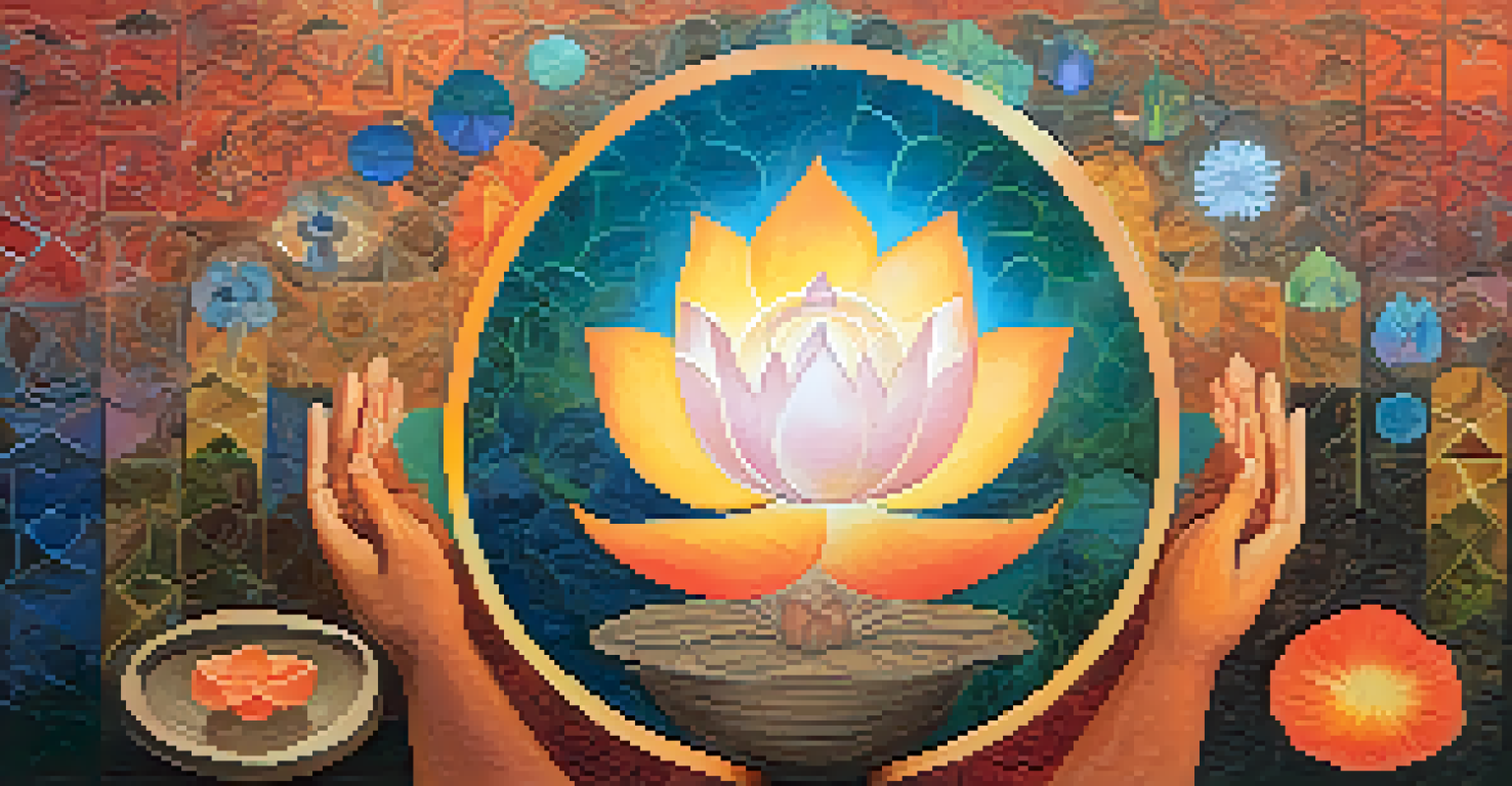 An artistic collage of cultural symbols representing recovery and unity in addiction treatment, with warm colors in the background.